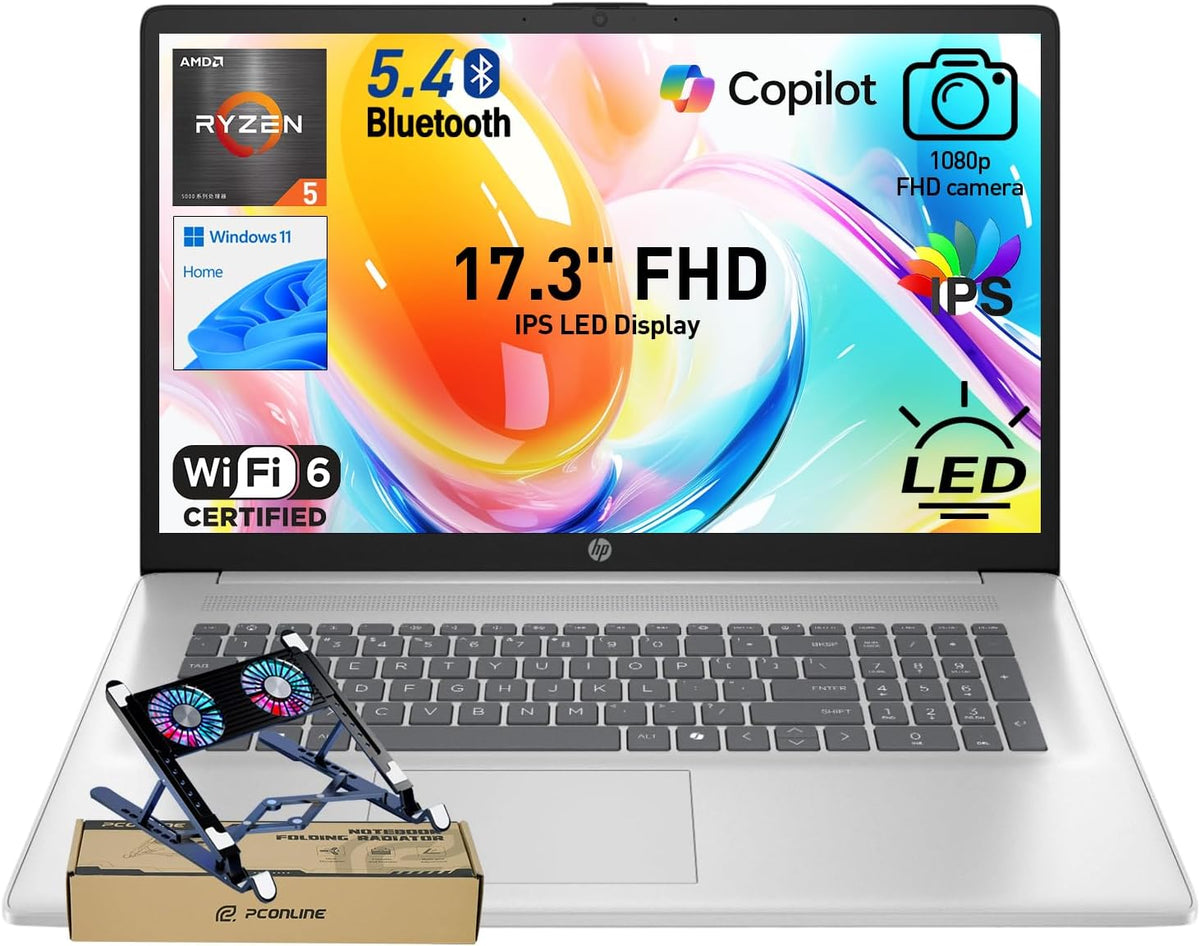 HP 17.3” FHD IPS LED Anti-Glare 300 nits Laptop, AMD Ryzen 5 7430U 6-core CPU, 16GB RAM, 1TB Storage, Webcam w/Shutter, Microsoft Copilot Key, Wi-Fi 6, BT 5.4, Win11H, w/Laptop Cooler, 17-cp3000
