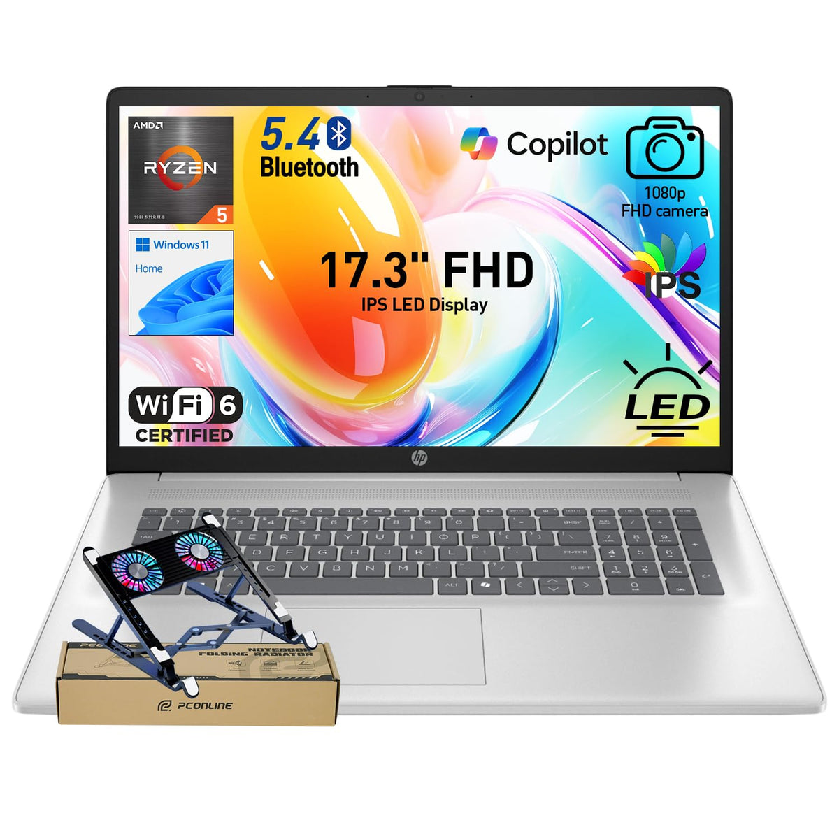 HP 17.3” FHD IPS LED Anti-Glare 300 nits Laptop, AMD Ryzen 5 7430U 6-core CPU, 16GB RAM, 1TB Storage, Webcam w/Shutter, Microsoft Copilot Key, Wi-Fi 6, BT 5.4, Win11H, w/Laptop Cooler, 17-cp3000