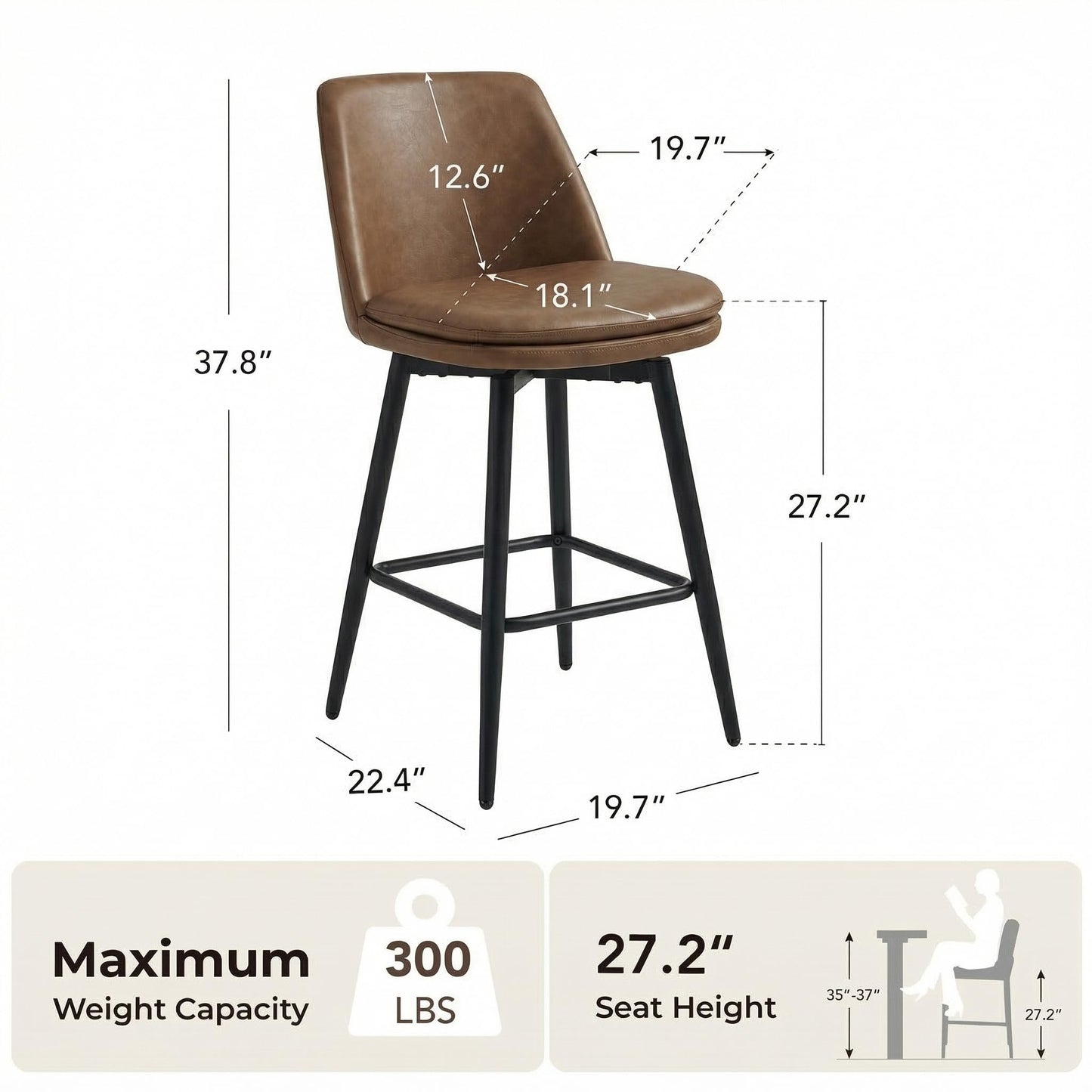 CHITA Swivel Bar Stools, 27.2" Counter Height Bar Stools Set of 3, FSC Certified Upholstered Modern Counter Stools, Metal Legs, Faux Leather, Saddle Brown