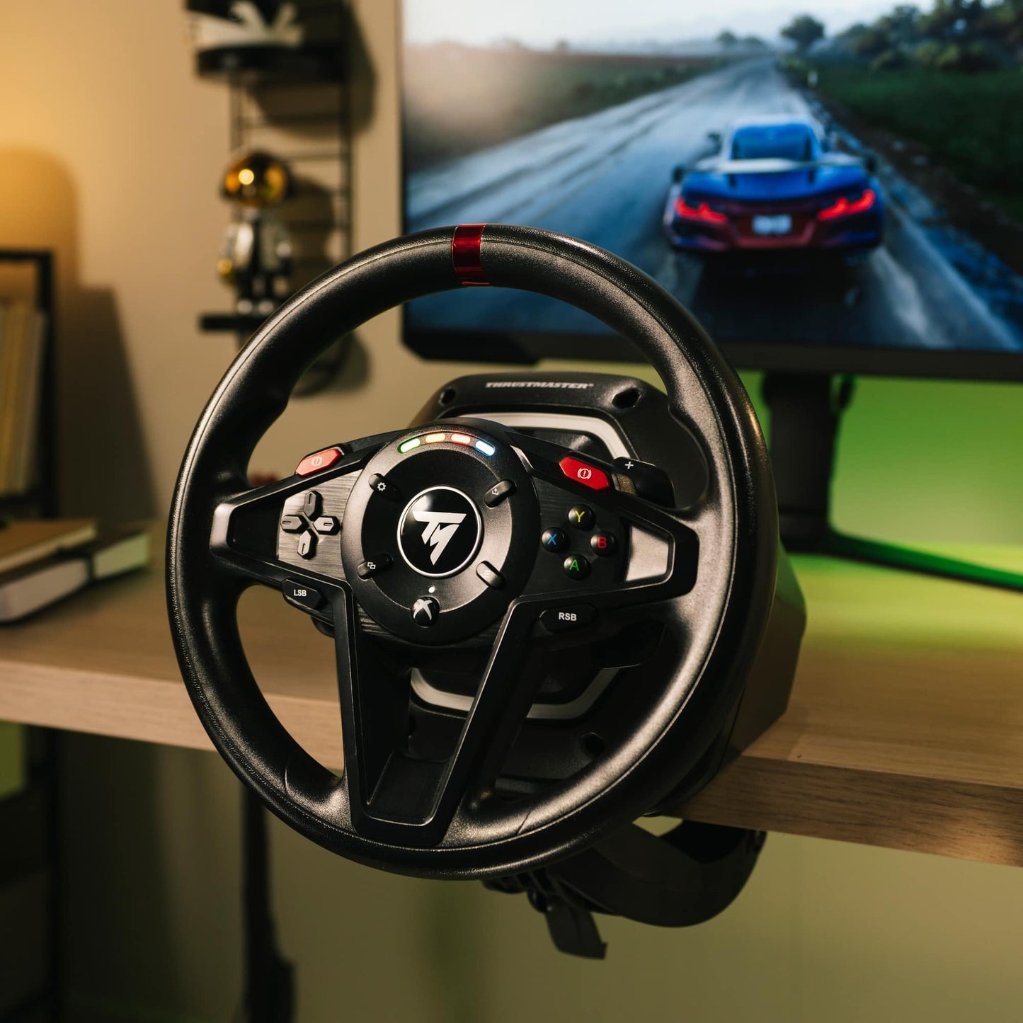 Thrustmaster T128 P Force Feedback Racing Wheel & Pedal Set - PS5 & PC | Magnetic paddle shifters, 900-degree rotation, hybrid drive, quick-attach desk clamp, for sim driving, farming & truck games