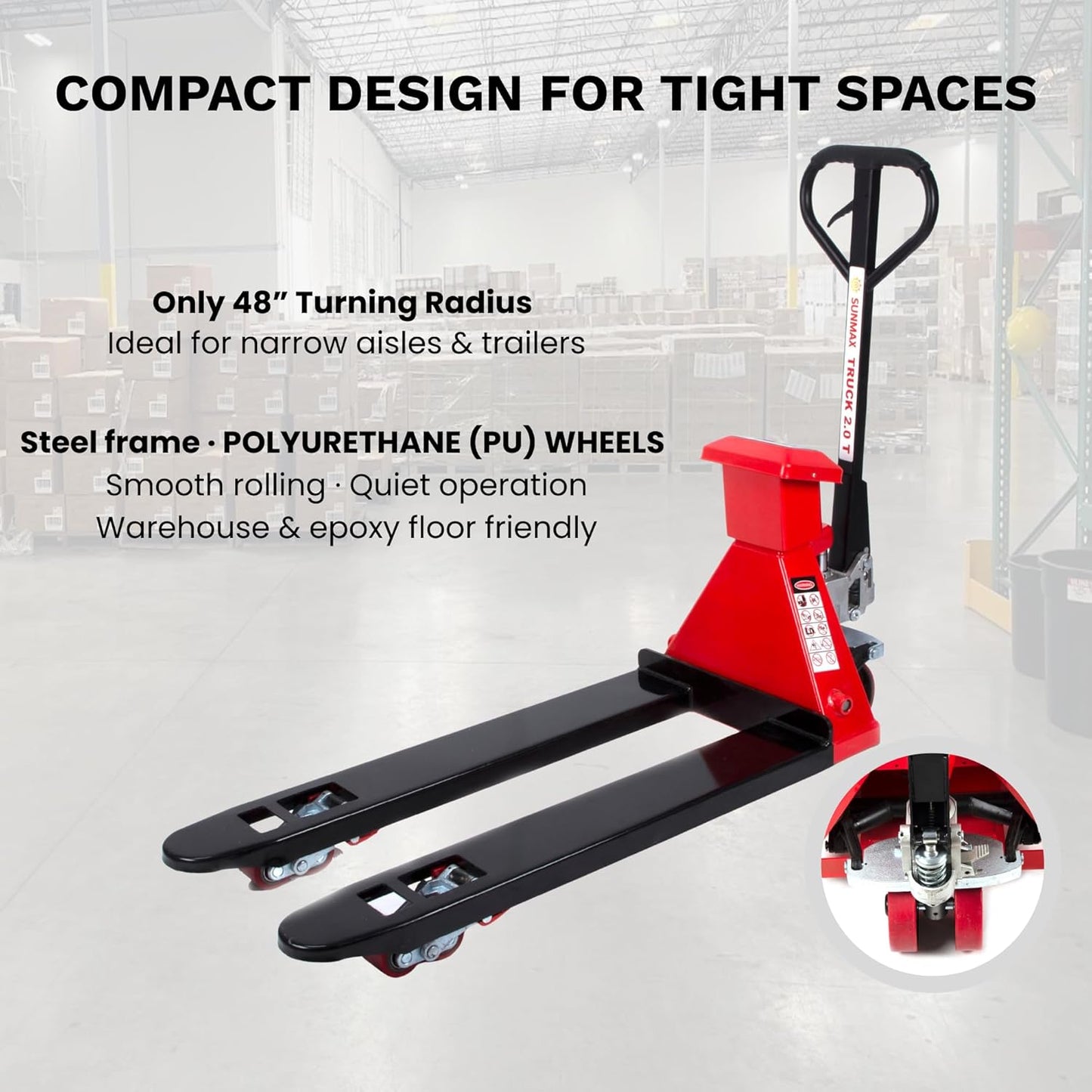 SUNMAX HD4400W Pallet Jack with Built-in Digital Scale, 4,400 lb Capacity, 27" W x 48" L Forks Manual Pallet Truck for Warehouse and Retail