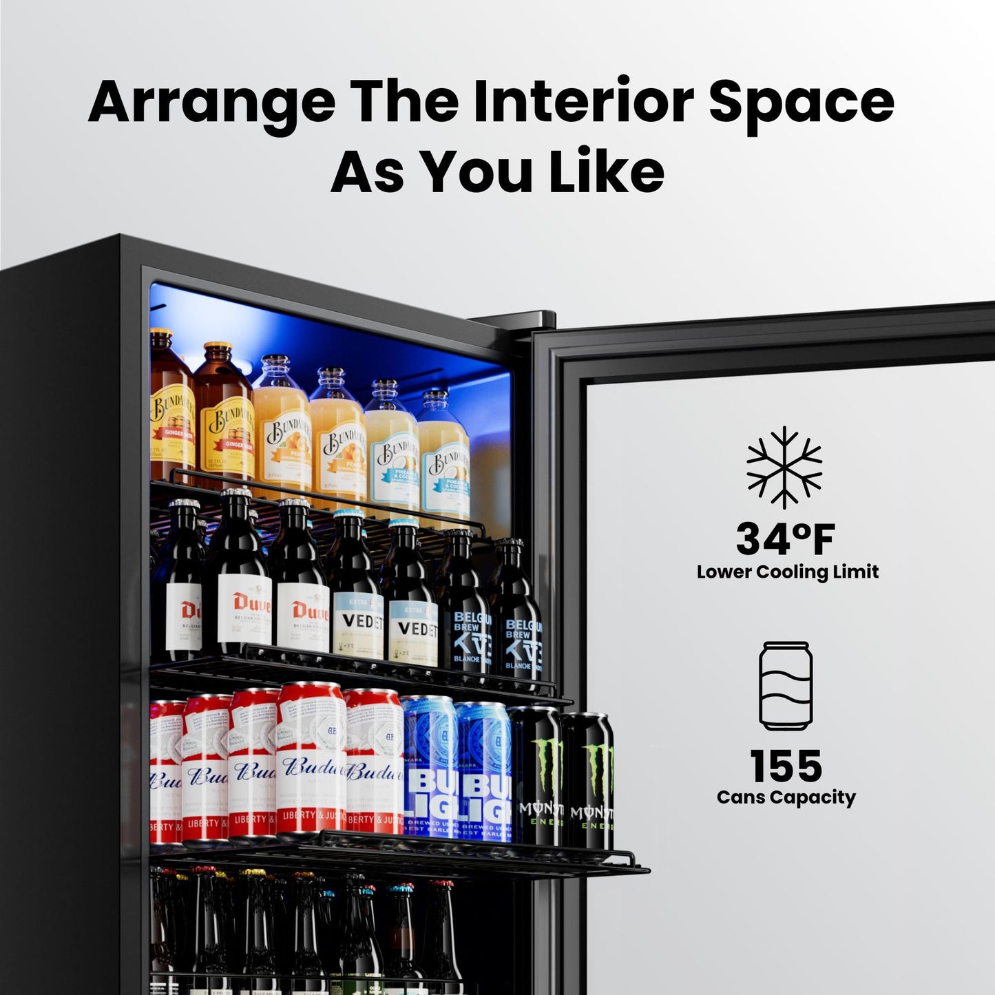 Yeego Beverage Refrigerator, 130 Can Mini Fridge with Glass Door, Adjustable Shelves, Digital Temperature Control 34°F-54°F, Drink Cooler for Soda, Beer and Wine, Freestanding or Under Counter, Black