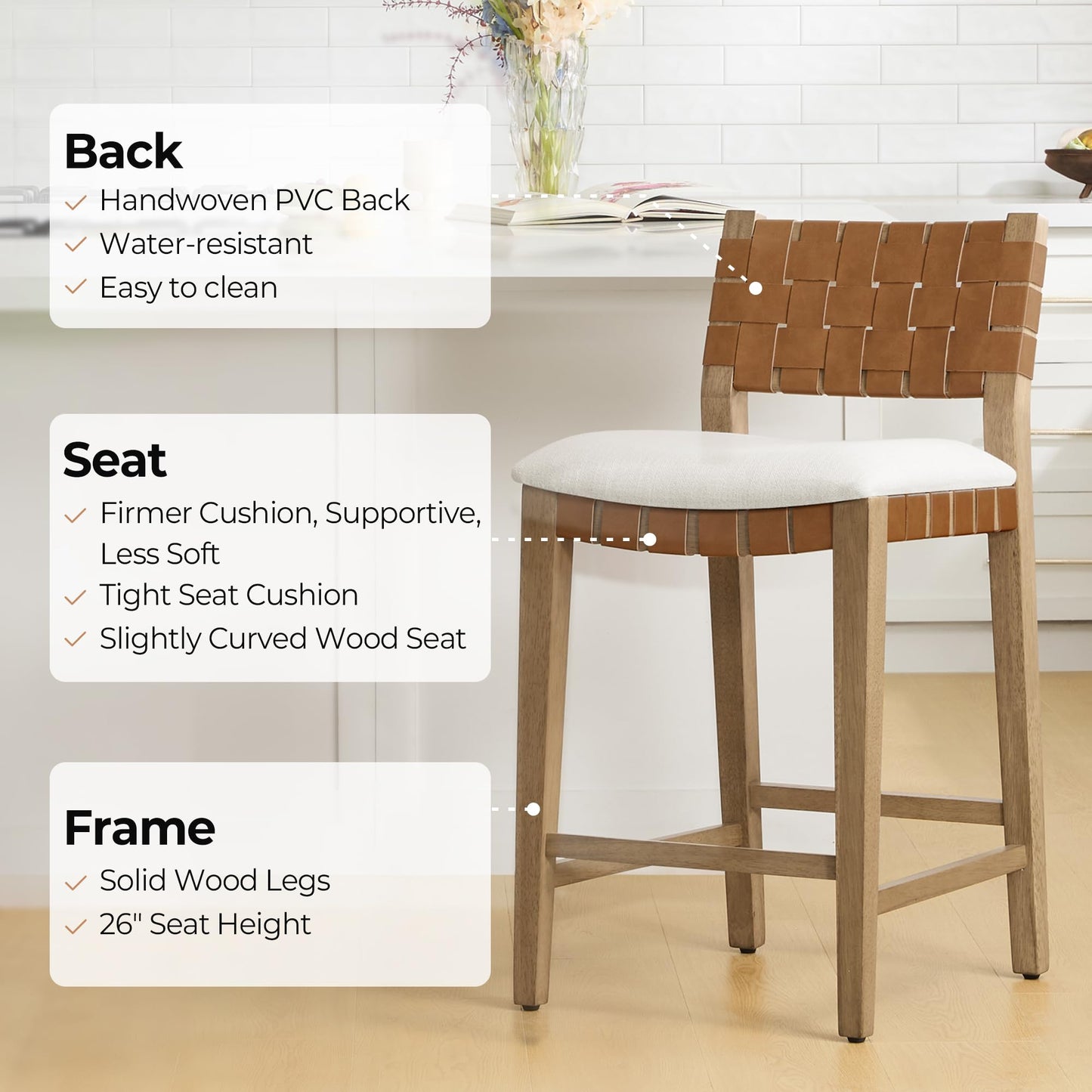 CHITA Woven Bar Stools Set of 2, 26" Counter Height Bar Stools with Backrest, Handwoven Counter Stools with Wood Frame for Kitchen Island & Home Bar, Saddle Brown