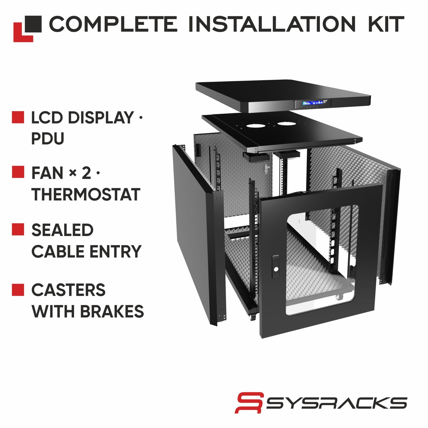 Soundproof Server Rack Cabinet – Quiet Acoustic 19” Network Enclosure with Dual Fans, Thermostat Control, Locking Glass Door, Floor Standing Rack (18U)