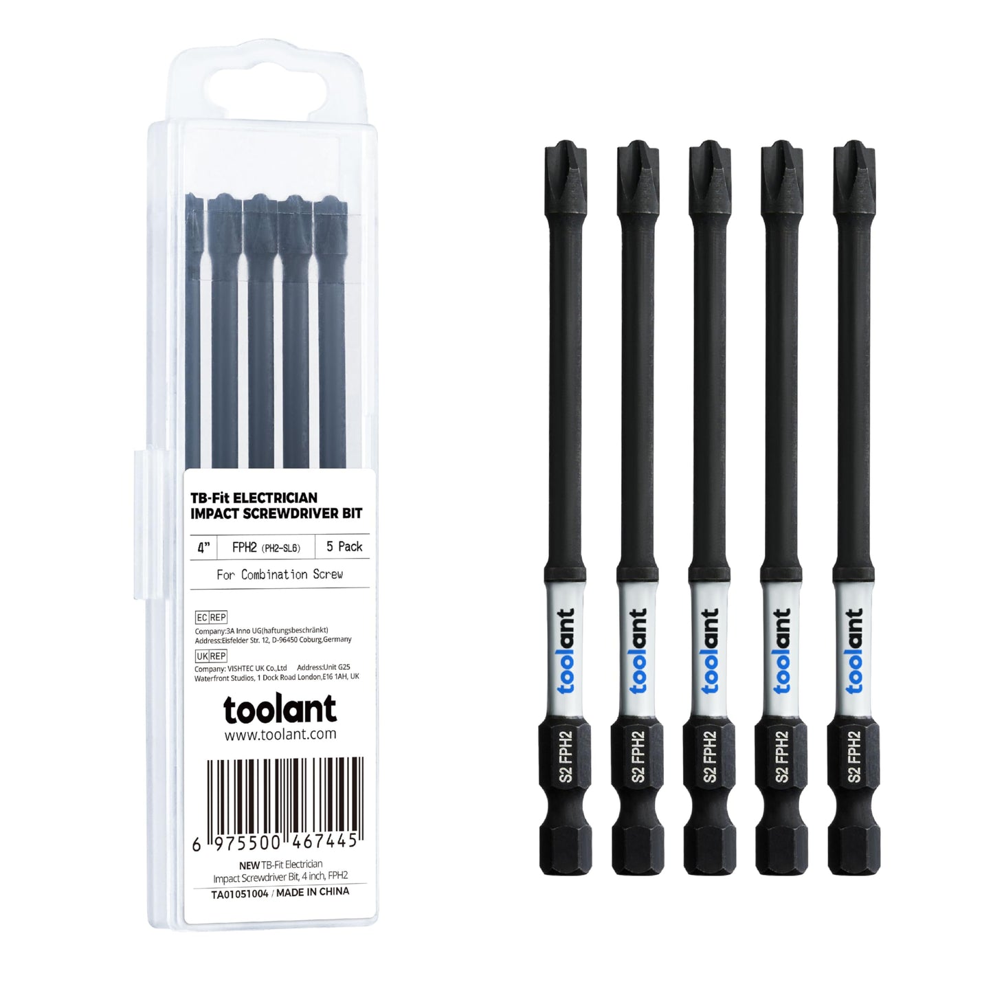 toolant 7pcs TB-Fit Electrician Impact Screwdriver Bit Set, FPH1（PH1-SL4.5）FPH2（PH2-SL6）Screwdriver Bit Set, 1/4” Hex-Shank S2 Steel, CNC Machined Tips with Magnetism,