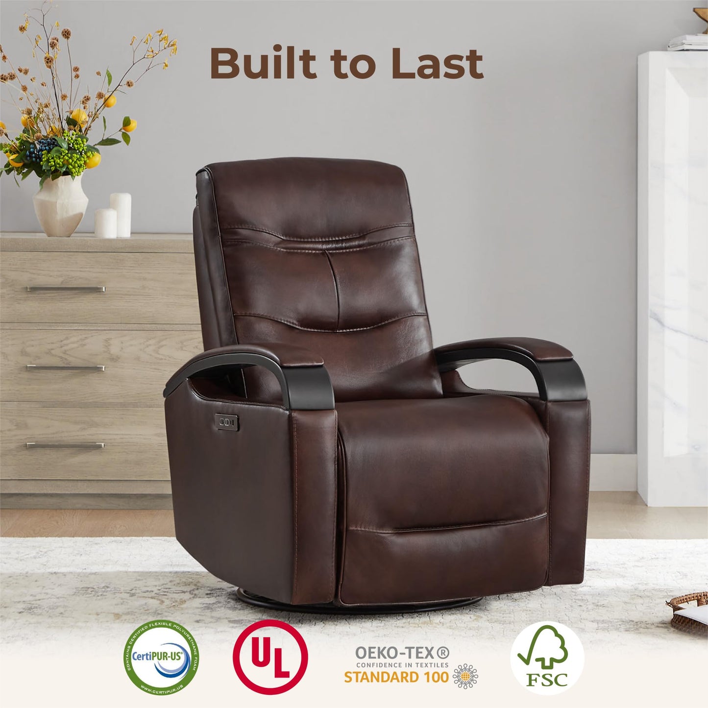 CHITA Genuine Leather Power Swivel Glider Rocker Recliner, FSC Certified Mid Century Modern Recliner Chair for Adults, Adjustable Power Headrest, for Nursery and Living Room, Cognac Brown