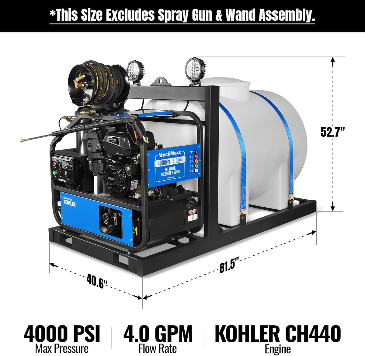 MechMaxx 4000 PSI 4 GPM Kohler E-Start Engine Hot Water Pressure Washer Skid Mounted with 245 Gal Tank, Model HPW40KBT