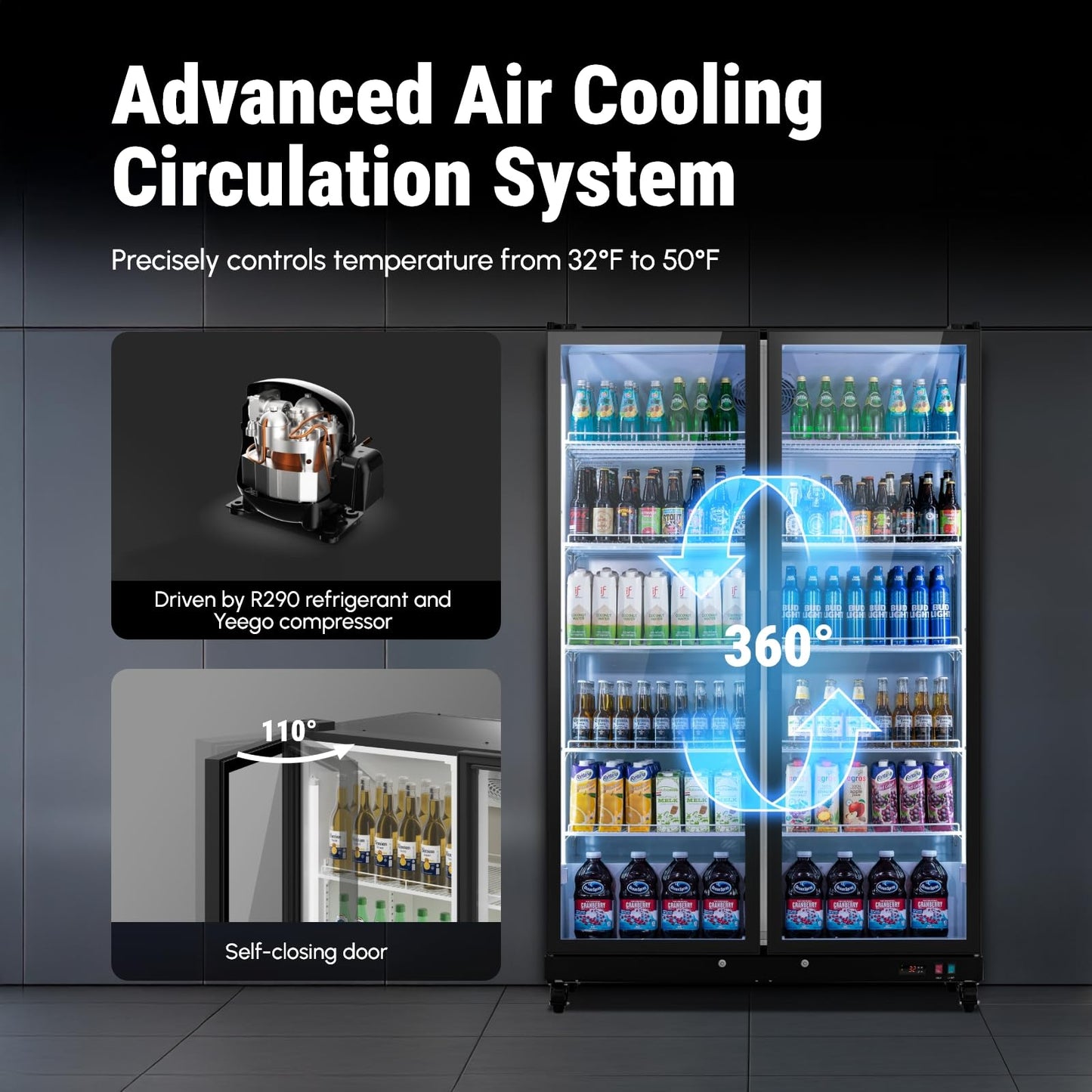 Yeego Commercial Refrigerators - 27.1 Cu.Ft 2 Glass Doors Commercial Beverage Refrigerator with LED Light & Adjustable Shelves, 32-50°F Commercial Cooler for Stores Bakery Bar Offices Restaurants