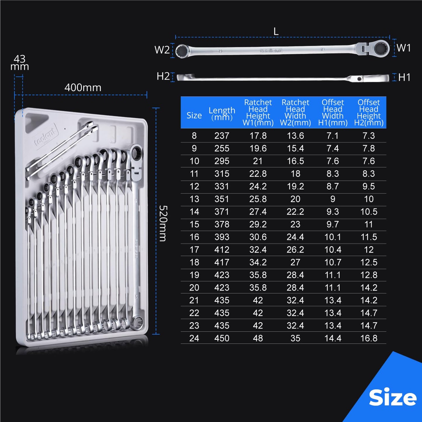toolant 10mm Extra Long Ratcheting Wrench, Flex Head & Fixed Offset Head Double Box End Combination Wrench, CR-V Steel
