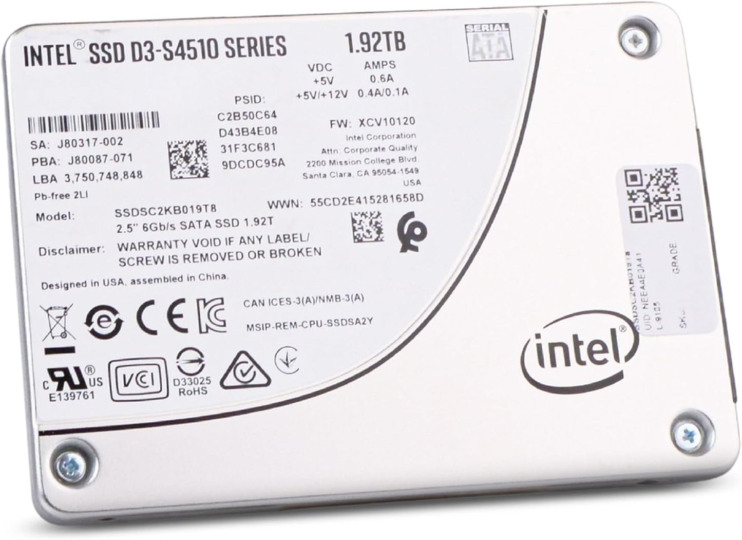 Intel D3-S4510 SSDSC2KB019T8 1.92TB SATA 6Gb/s 3D TLC 1 DWPD 2.5in Read Intensive Enterprise Solid State Drive (Renewed)