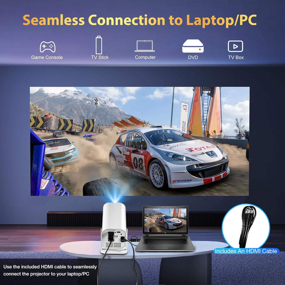 【Built-in APPS & Electric Focusing & 210° Rotation】Mini Projector With Wifi And Bluetooth, Smart Video Projector, Movie Projector for Bedroom, Supports Smartphones/TV Stick/PS5/iPad/Laptop/HDMI/USB