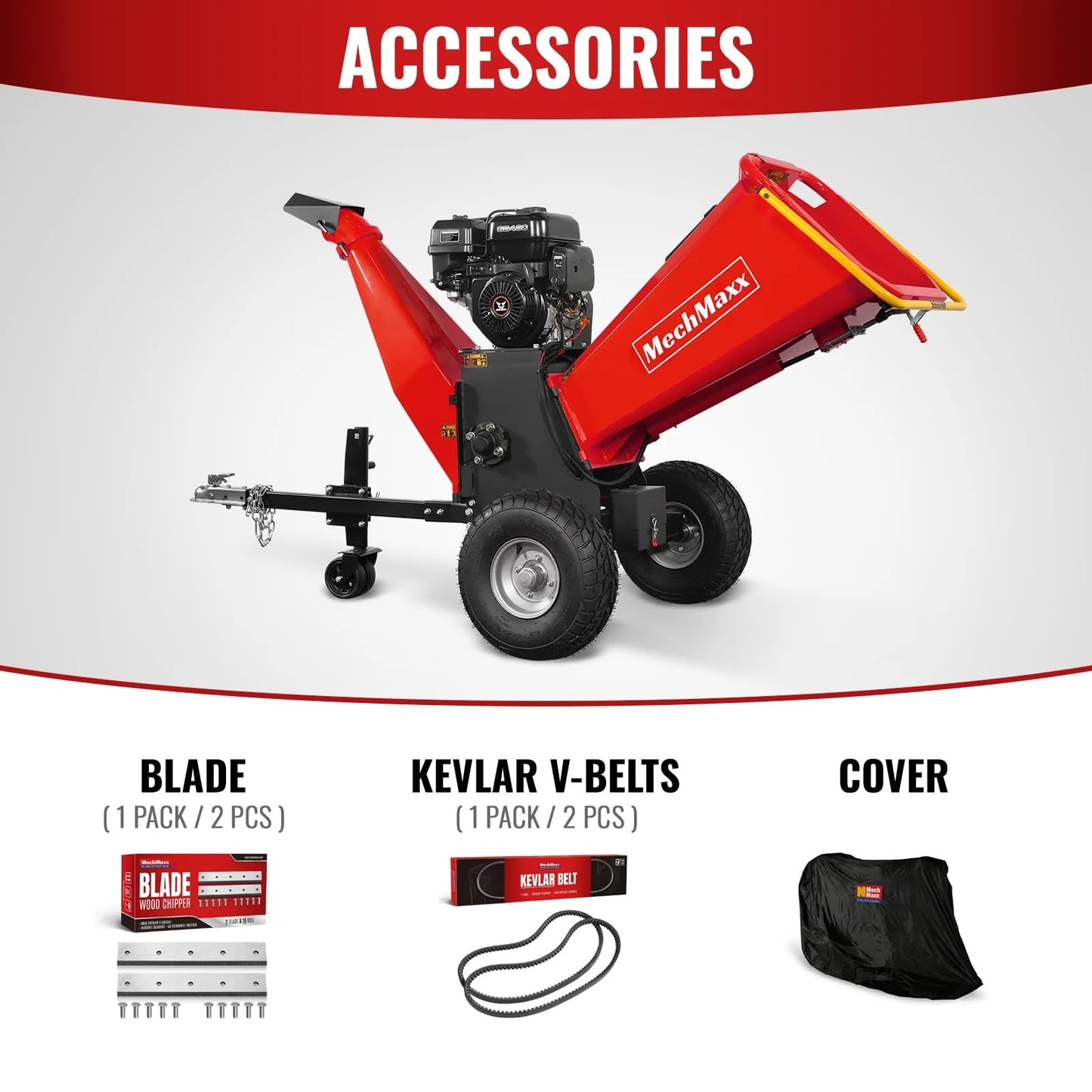 MechMaxx 6 inch ZONSEN 459cc 15hp E-Start Gas Powered 4-Wheels Wood Chipper Shredder Mulcher with Towbar/Tail Light/Emergency Stop Button/Stop Bar, Model B150 Red