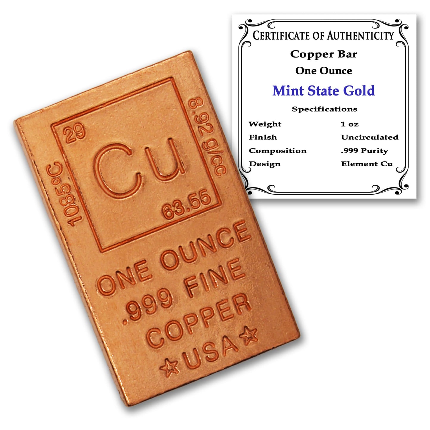 1 oz Silver Plated Bar (Flat Style) .999 Pure Paperweight - Element Design with Certificate of Authenticity