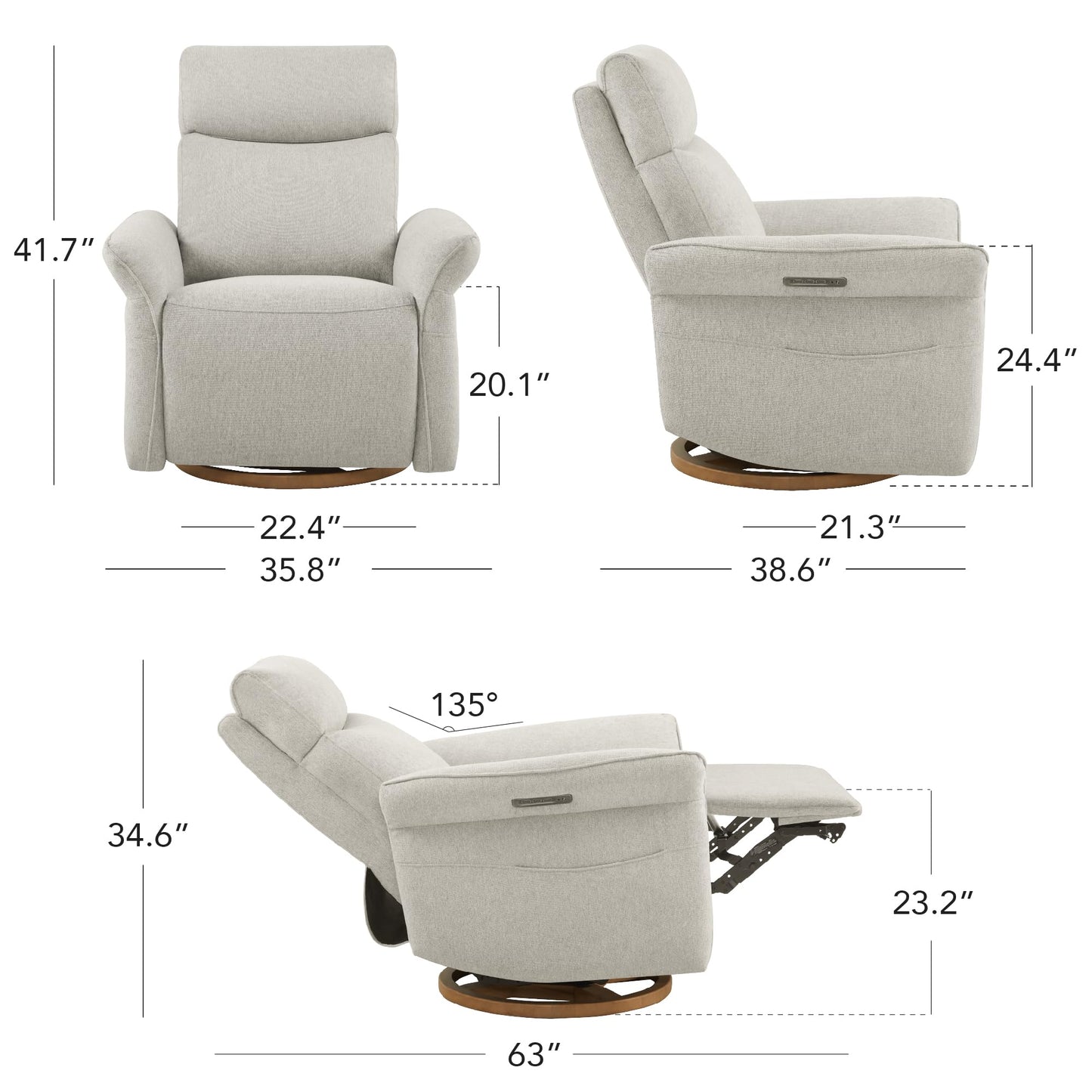CHITA Power Recliner Chair, Electric Triple-Motor Swivel Glider Nursery Rocking Chair with Adjustable Power Headrest and Lumbar Support, GREENGARD Gold Certified, Solid Wood Base, Linen