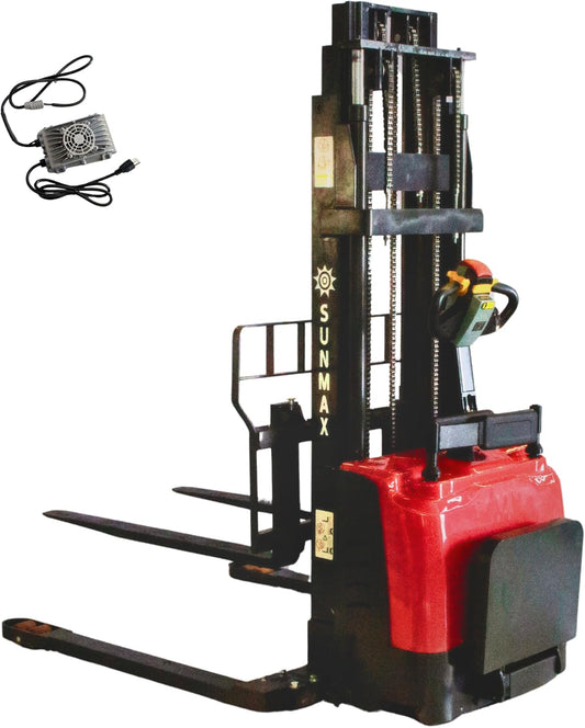 SUNMAX Electric Straddle Stacker, 3300 lbs Capacity, 157 inch Lift Height, Steel Frame, Red and Black