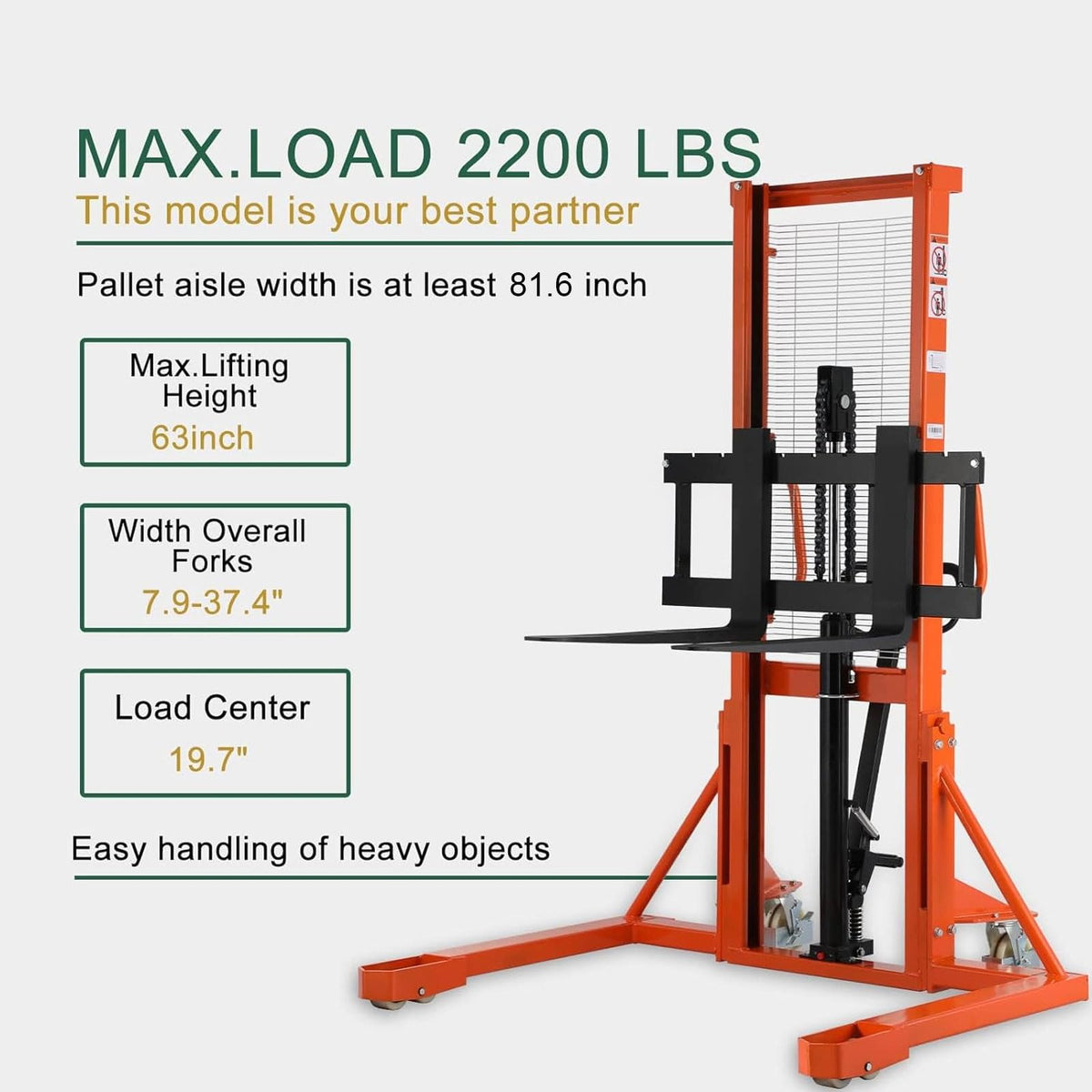 Tory Carrier Manual Pallet Stacker 1100lbs Capacity 63" Lift Height