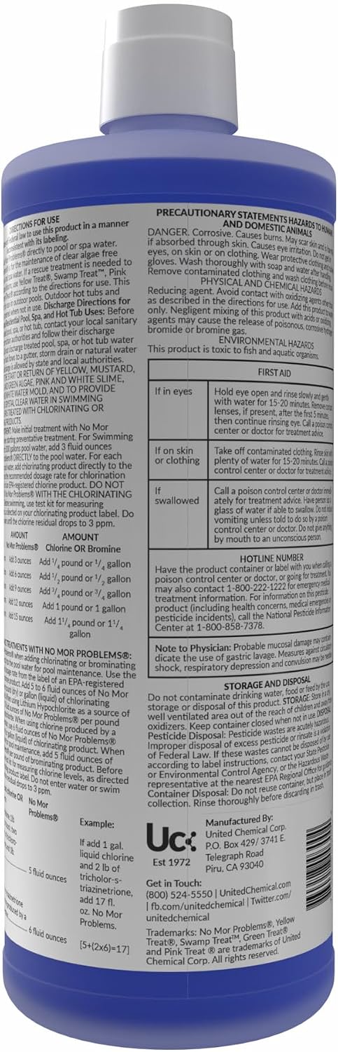 United Chemical No Mor Problems Preventative Pool Algaecide & Water Clarifier - Non-Staining, pH Independent Algae Prevention, 1 Quart
