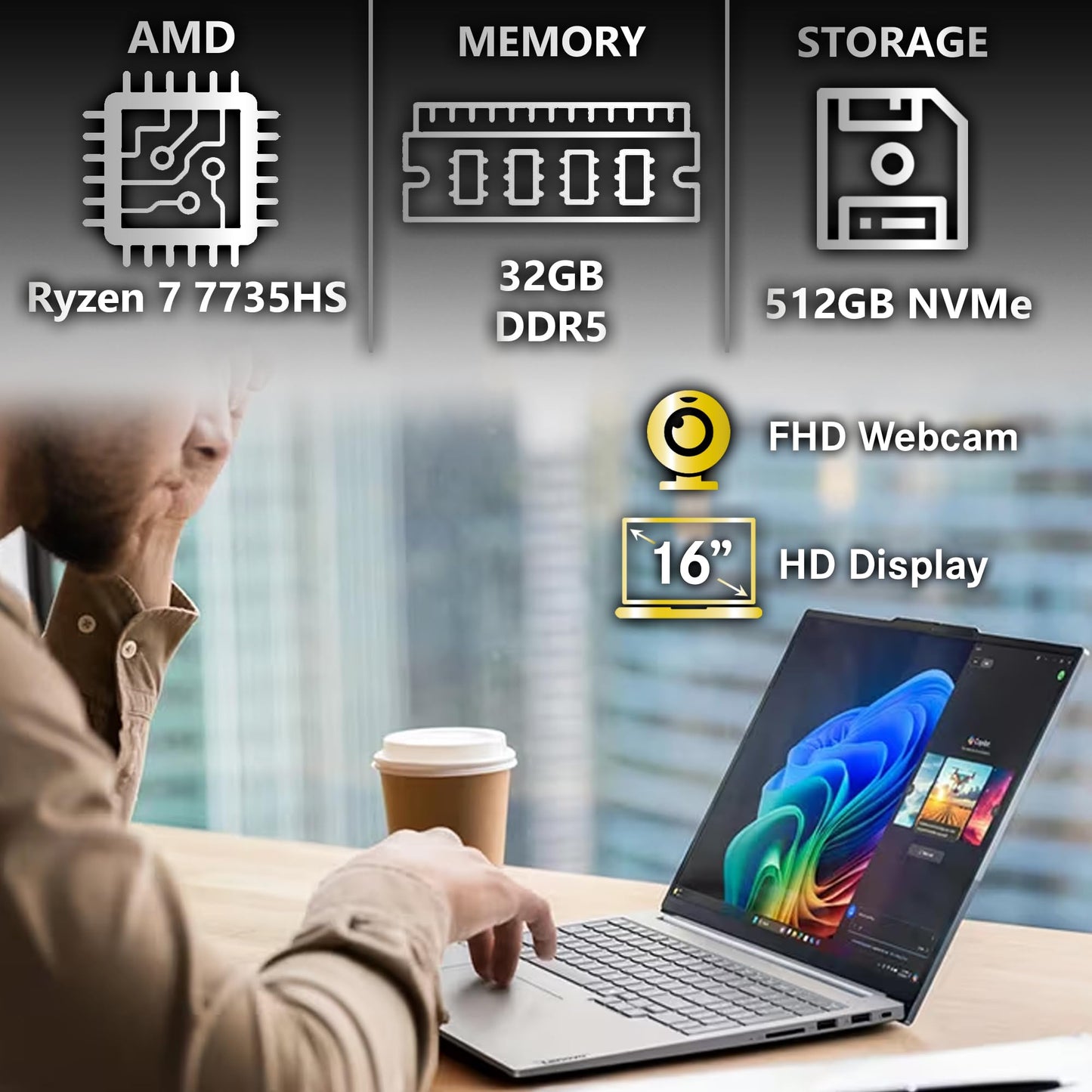 Lenovo ThinkBook 16 G7 Business Laptop, 16” FHD+, AMD Ryzen 7 7735HS, 32GB DDR5, 1TB NVMe, WiFi 6E + BT, Backlit KB, Fingerprint Reader, HD Webcam, Win 11 Pro
