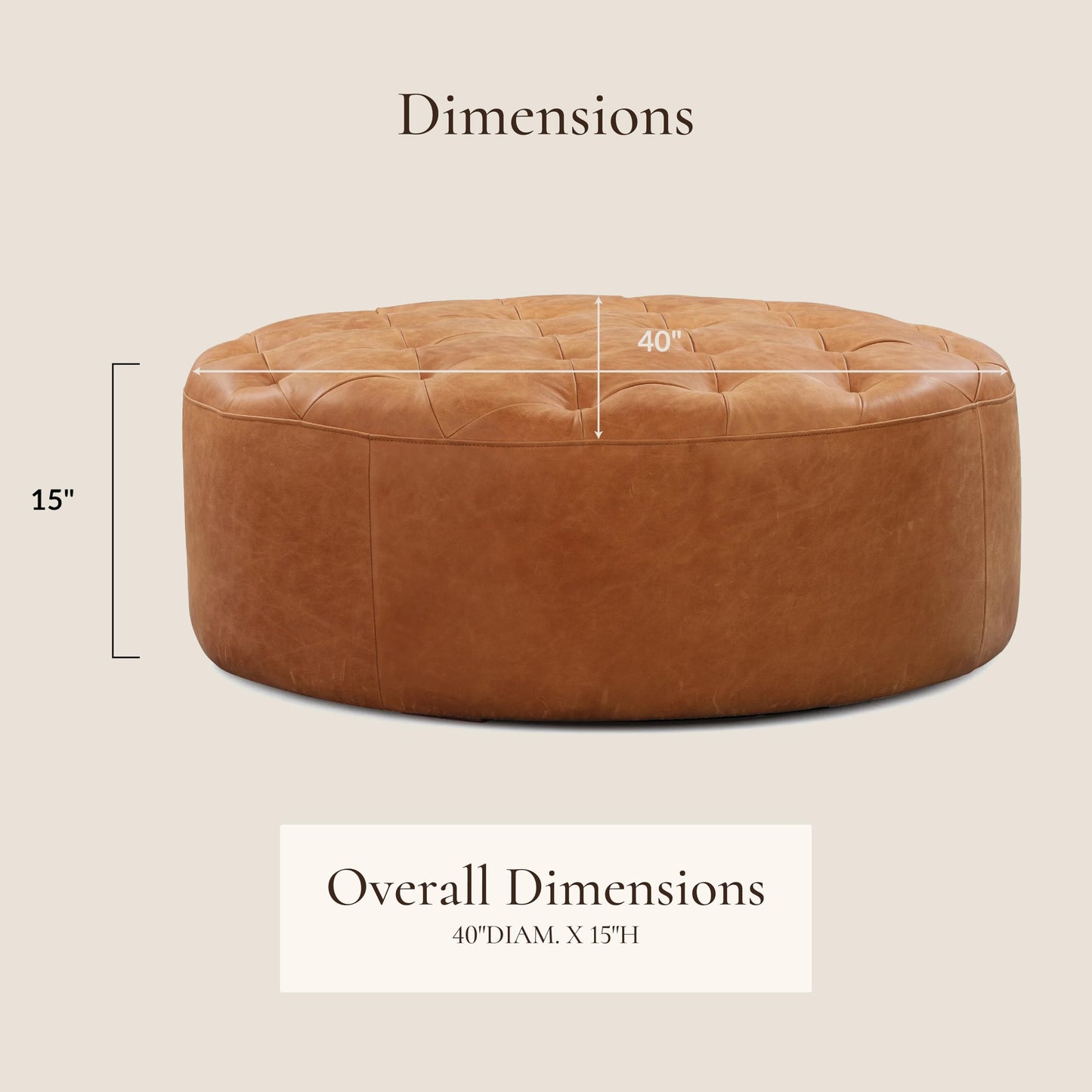 POLY & BARK Denver Ottoman – 43" Large Pouf with Feather-Down Topper – Full-Grain Leather Upholstered Pouf Ottoman for Living Room – Vintage Italian Leather in Cognac Tan