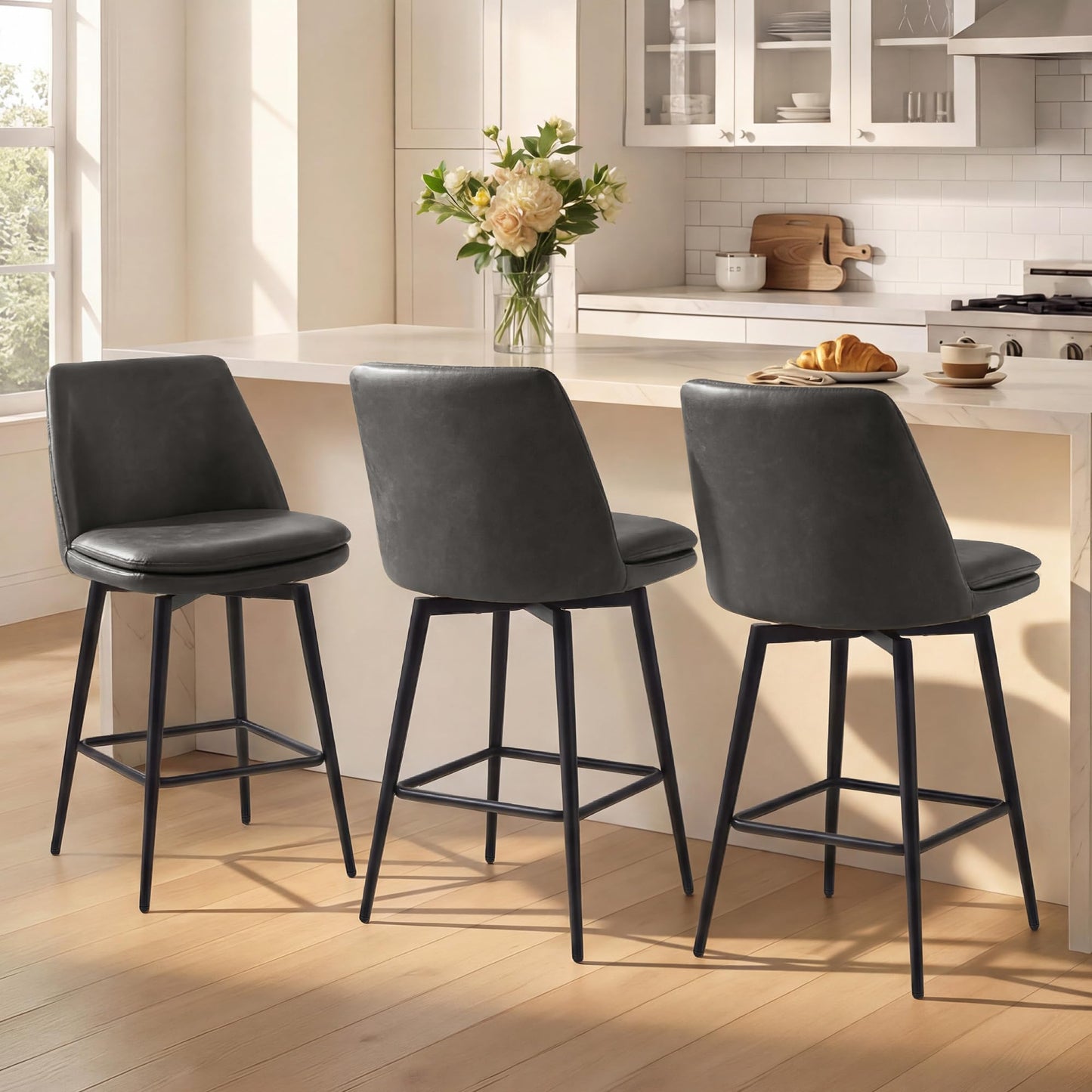 CHITA Swivel Bar Stools, 27.2" Counter Height Bar Stools Set of 3, FSC Certified Upholstered Modern Counter Stools, Metal Legs, Faux Leather, Saddle Brown