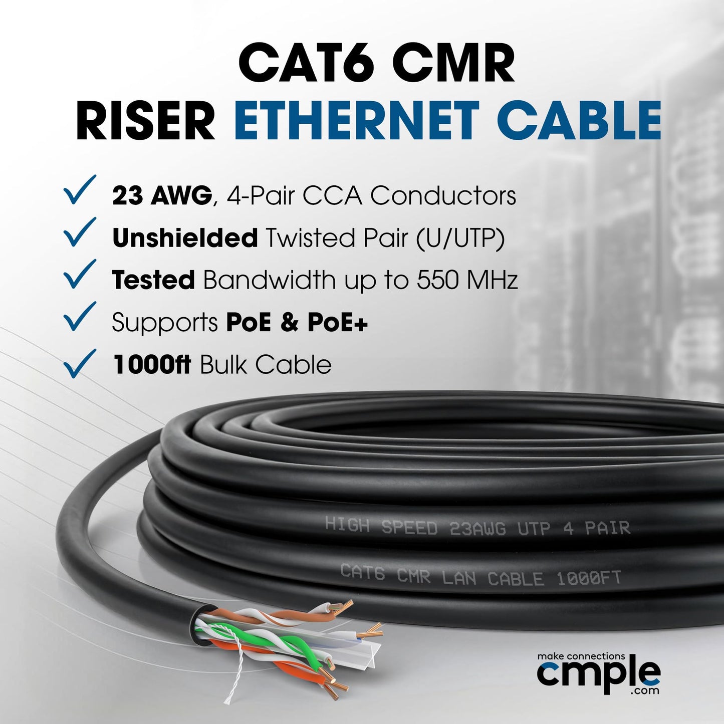 Cmple - Cat6 Cable 1000ft Bulk Lan Ethernet Cat 6 Wire Network UTP 23AWG CMR Riser 10Gbps 550 MHz Pull Box 1000 Feet, Black