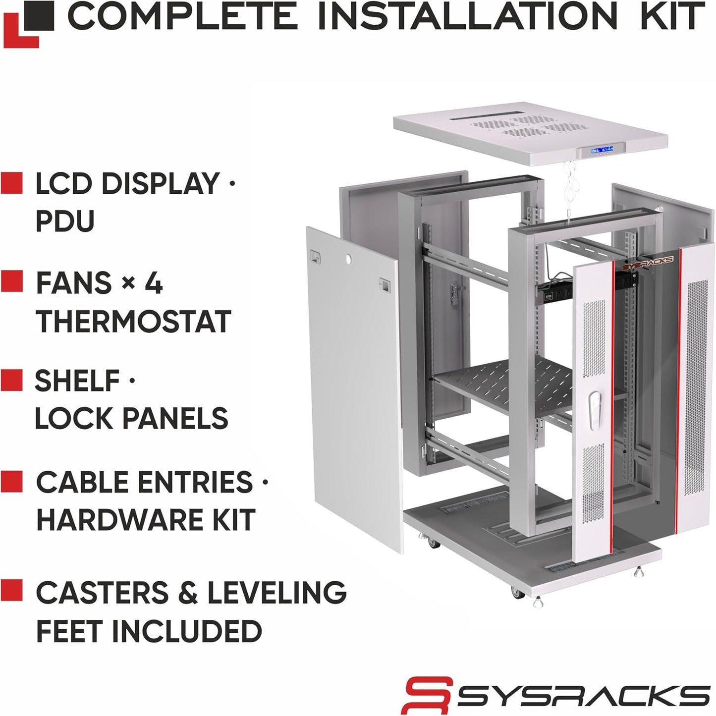 22U Server Rack Cabinet, 35" Deep, Glass Door, 19-Inch | Cooling fans, PDU, shelf, casters, leveling feet, cable entry brushes