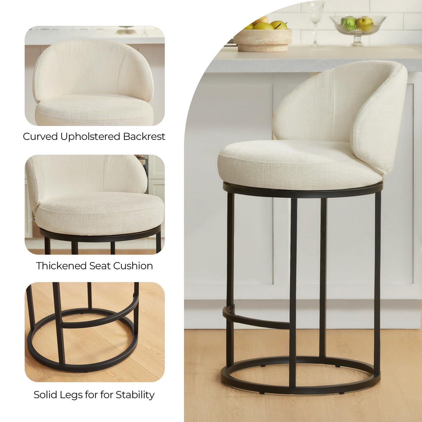 CHITA Swivel Counter Height Bar Stools Set of 3, Upholstered Bar Chairs with Backrest, Sturdy Metal Base, 26.8" Seat Height for Kitchen Island & Home Bar, Sand