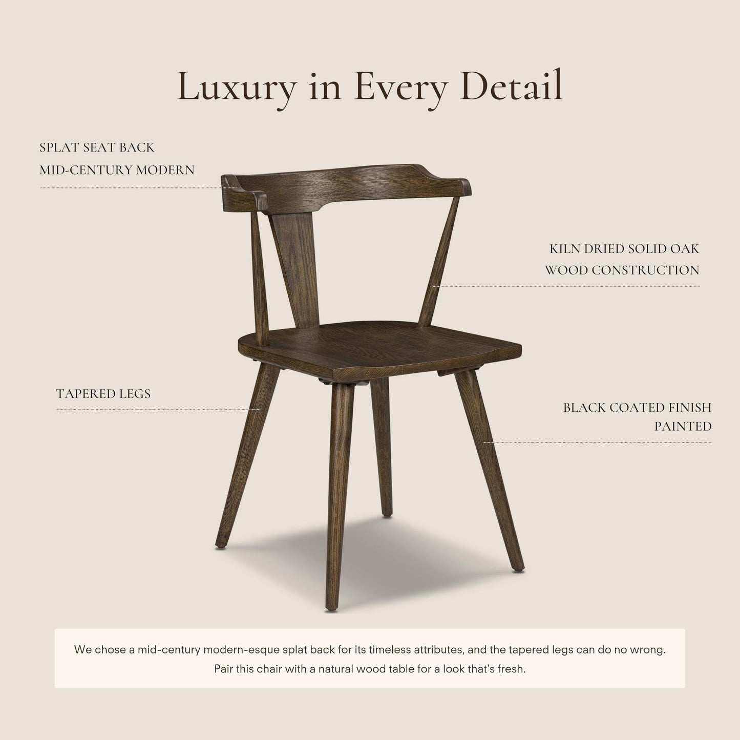 POLY & BARK Mid Century Modern Enzo Black Dining Chair – Solid Oak Wood Splat Back Chair, 18" Seat Height, 32" Tall – Stylish MCM Kitchen & Dining Room Chair