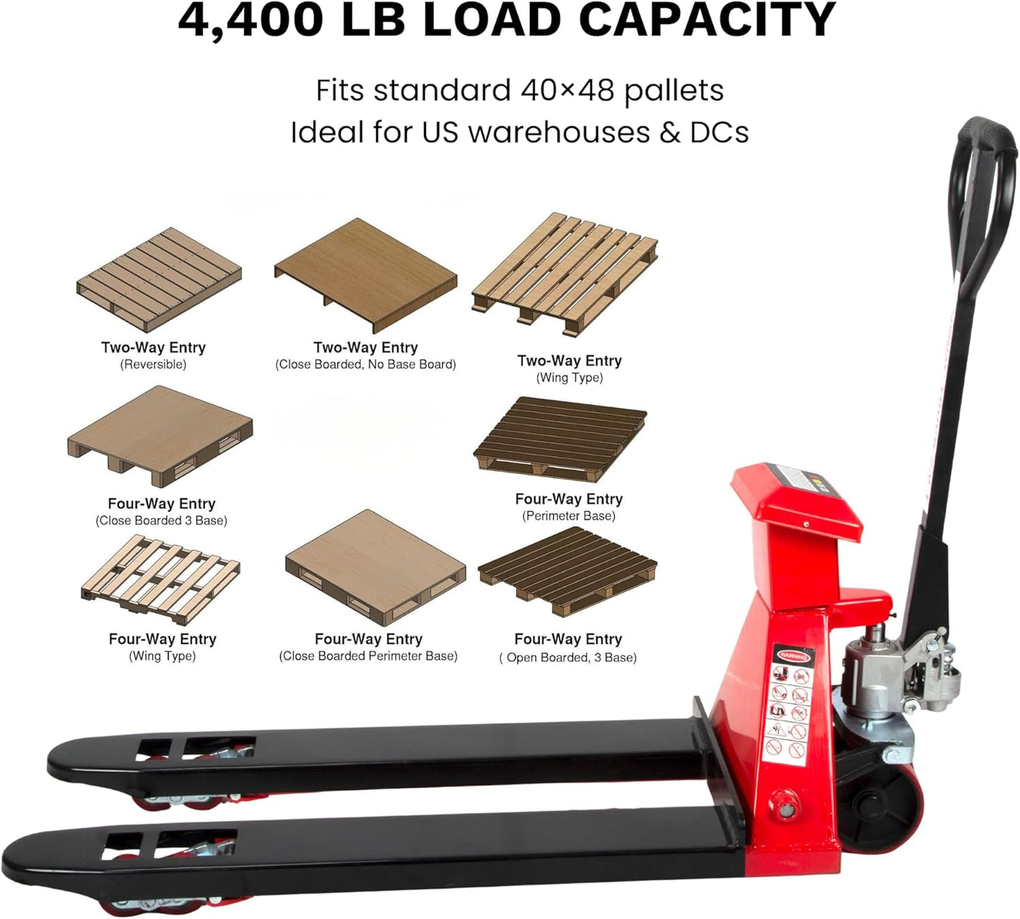 SUNMAX HD4400W Pallet Jack with Built-in Digital Scale, 4,400 lb Capacity, 27" W x 48" L Forks Manual Pallet Truck for Warehouse and Retail