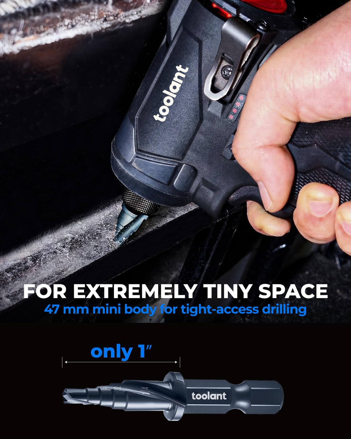 toolant Mini Step Drill Bit, 3PCS Set (1/8"-3/4"), 1/4" Hex Shank, Only 1” Short Drill Body for Extremely Tiny Spaces, M2 HSS & Nitriding Coating, Includes Carabiner & Quick-Release Couplers
