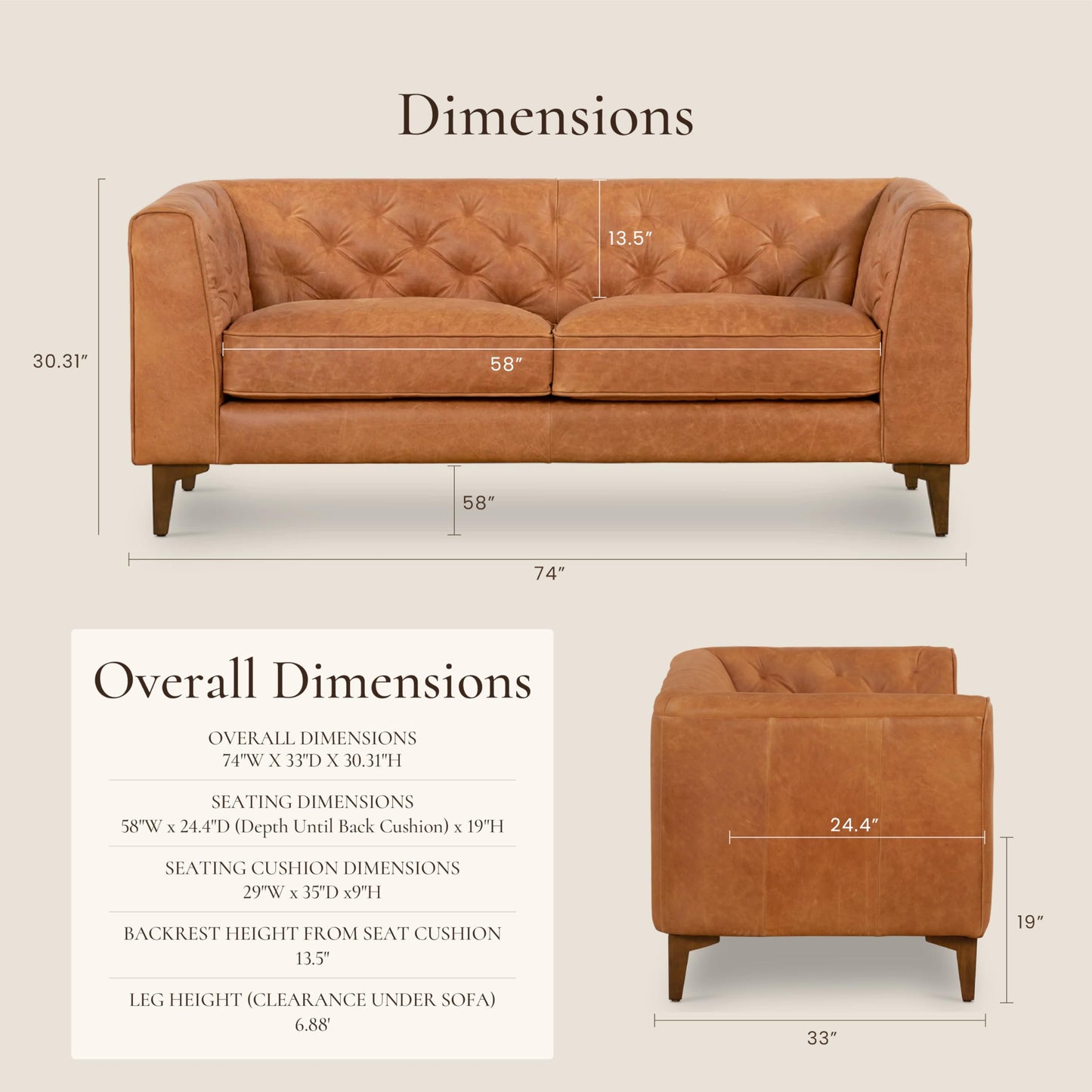 POLY & BARK Essex 89” Full-Grain Italian Leather Sofa – Tufted Back, Feather-Down Comfort, Solid Wood Frame, Cognac Tan