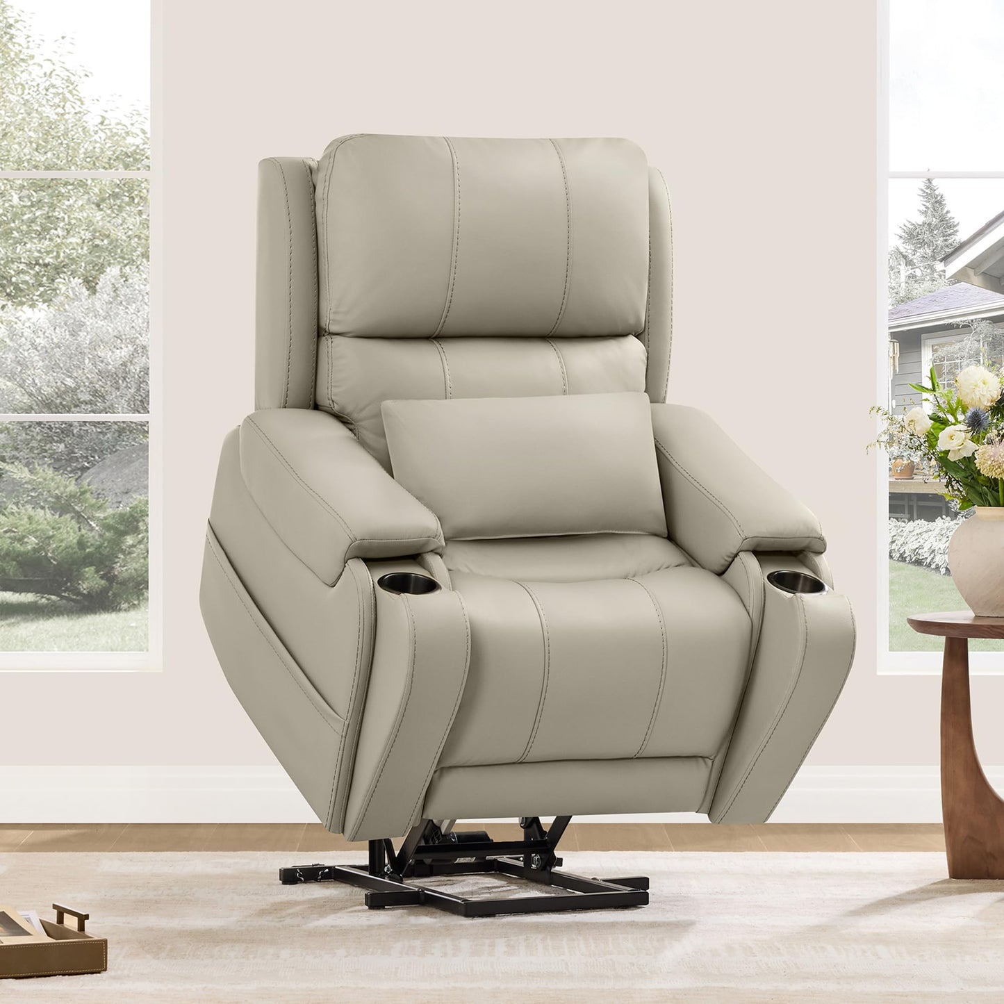 CHITA Power Lift Recliner Chair for Elderly with Heat and Massage, Genuine Leather Electric Lift Chairs with Cup Holder, Removable Lumbar Pillow, 2 Side Pockets, Leather in Navy
