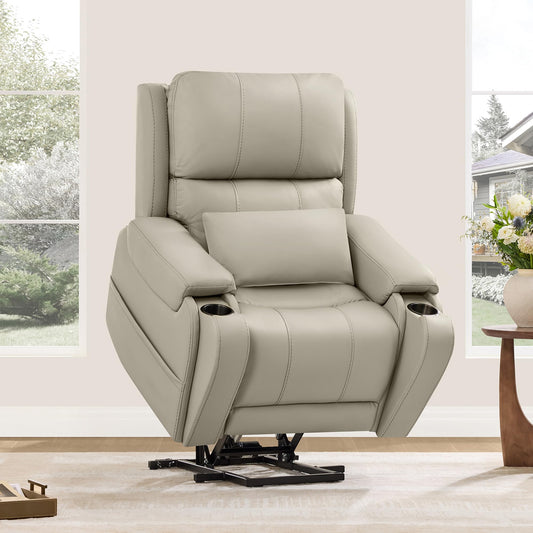 CHITA Power Lift Recliner Chair for Elderly with Heat and Massage, Genuine Leather Electric Lift Chairs with Cup Holder, Removable Lumbar Pillow, 2 Side Pockets, Leather in Navy