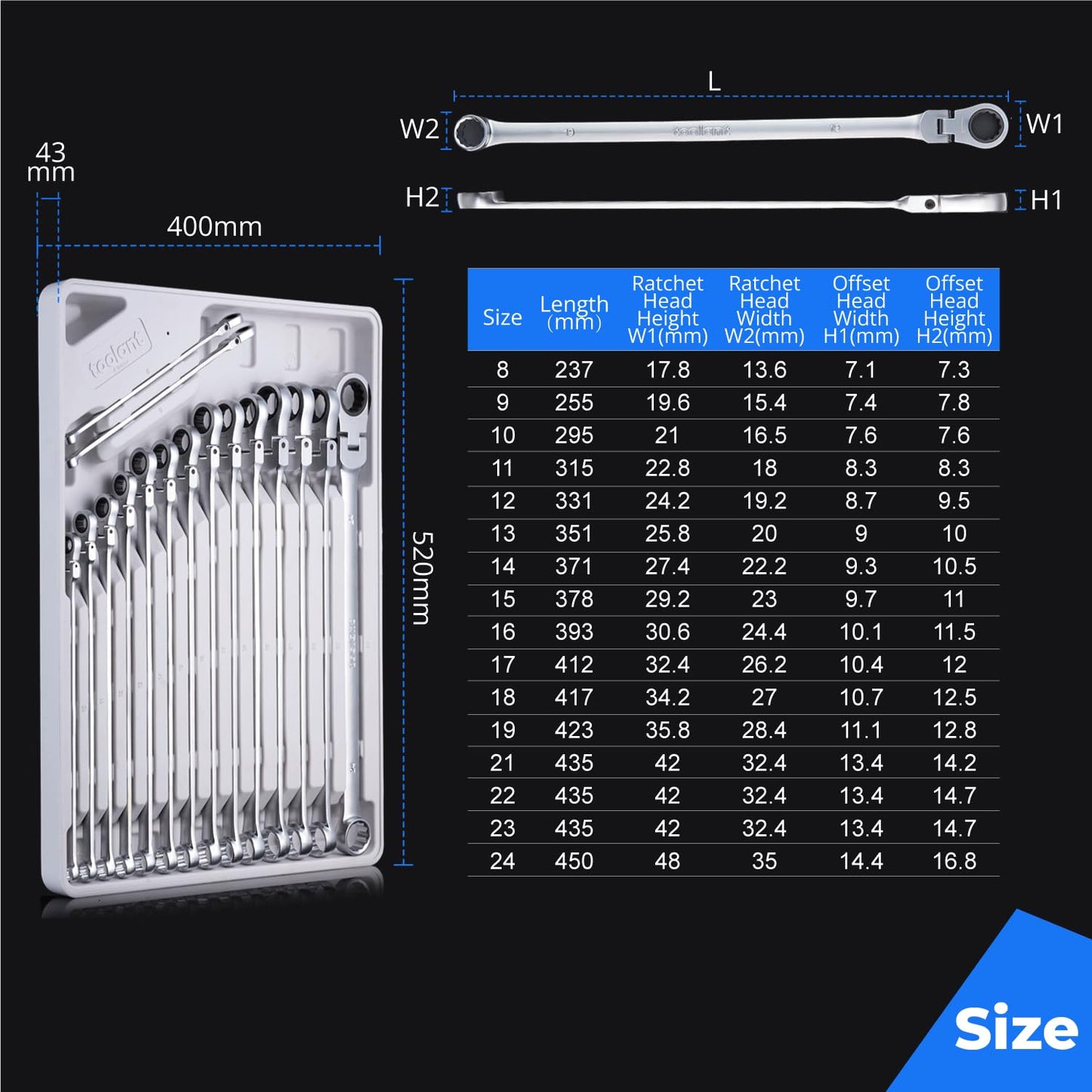 toolant 10mm Extra Long Ratcheting Wrench, Flex Head & Fixed Offset Head Double Box End Combination Wrench, CR-V Steel