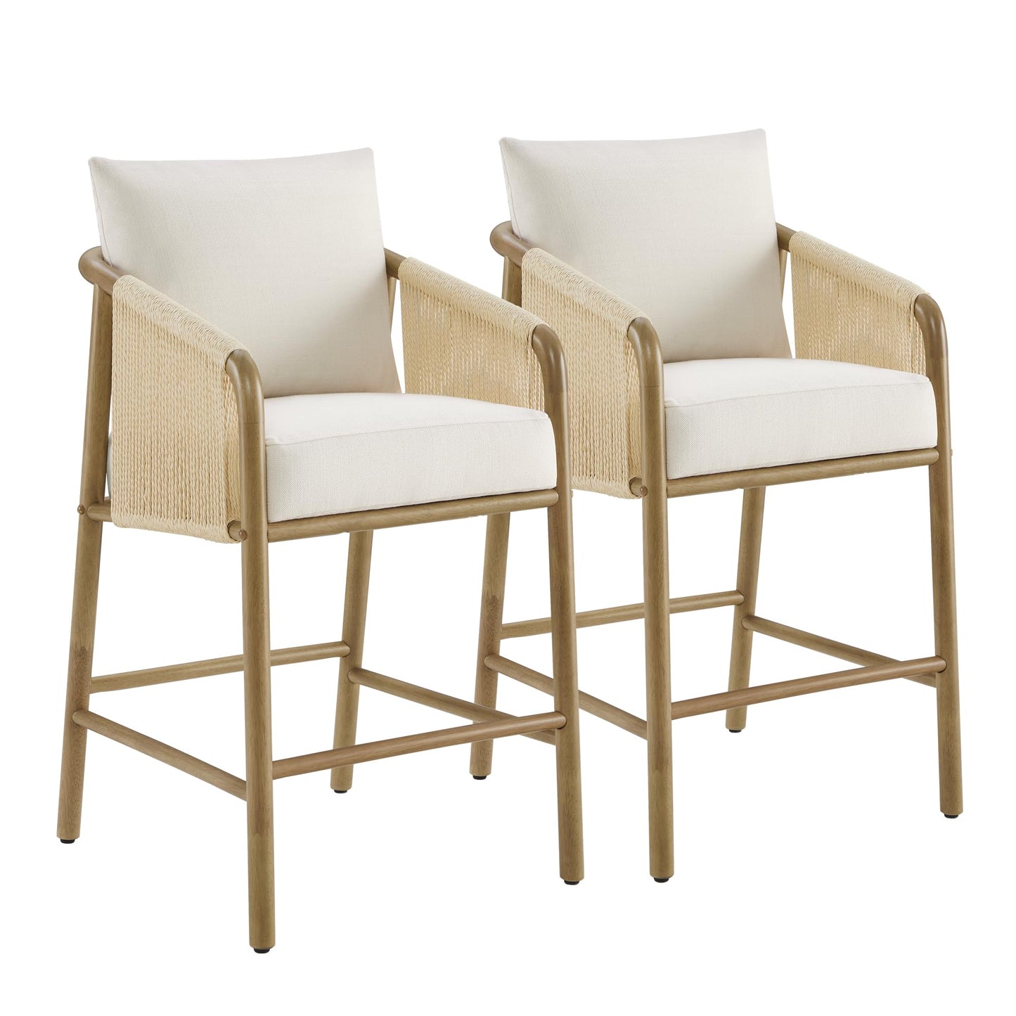 CHITA 27" Counter Height Bar Stools Set of 2, Boho Woven Paper Cord Counter Stools with Back and Armrests, Upholstered Rope Bar Chairs for Kitchen Island & Home Bar, Cream