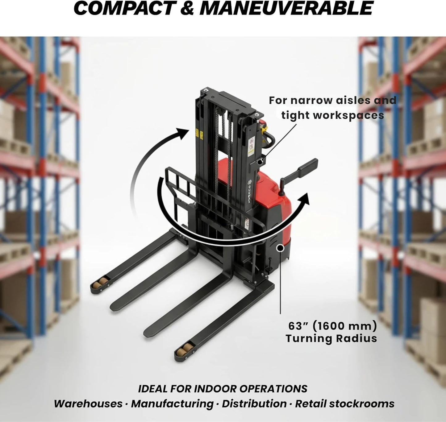 SUNMAX PS3300FEAS-3M Fully Electric Pallet Stacker, 3300 lb Capacity, 118" Lift Height, Walk-Behind Warehouse Stacker with Adjustable Straddle Legs