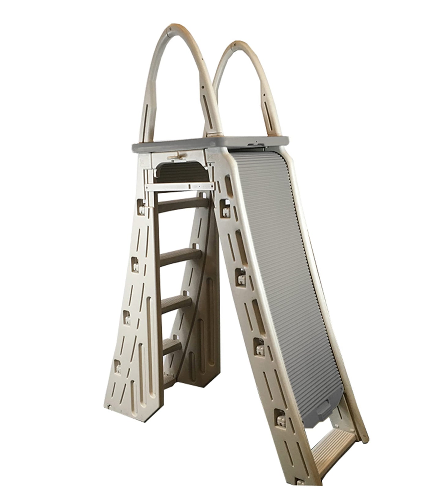 Confer Plastics 7200 Roll Guard fits Above-Ground Pool Heights from 48" to 56" A Frame Safety Ladder for Above Ground Outdoor Patio Swimming Pool Platform Ladder with Step Barrier Warm Grey