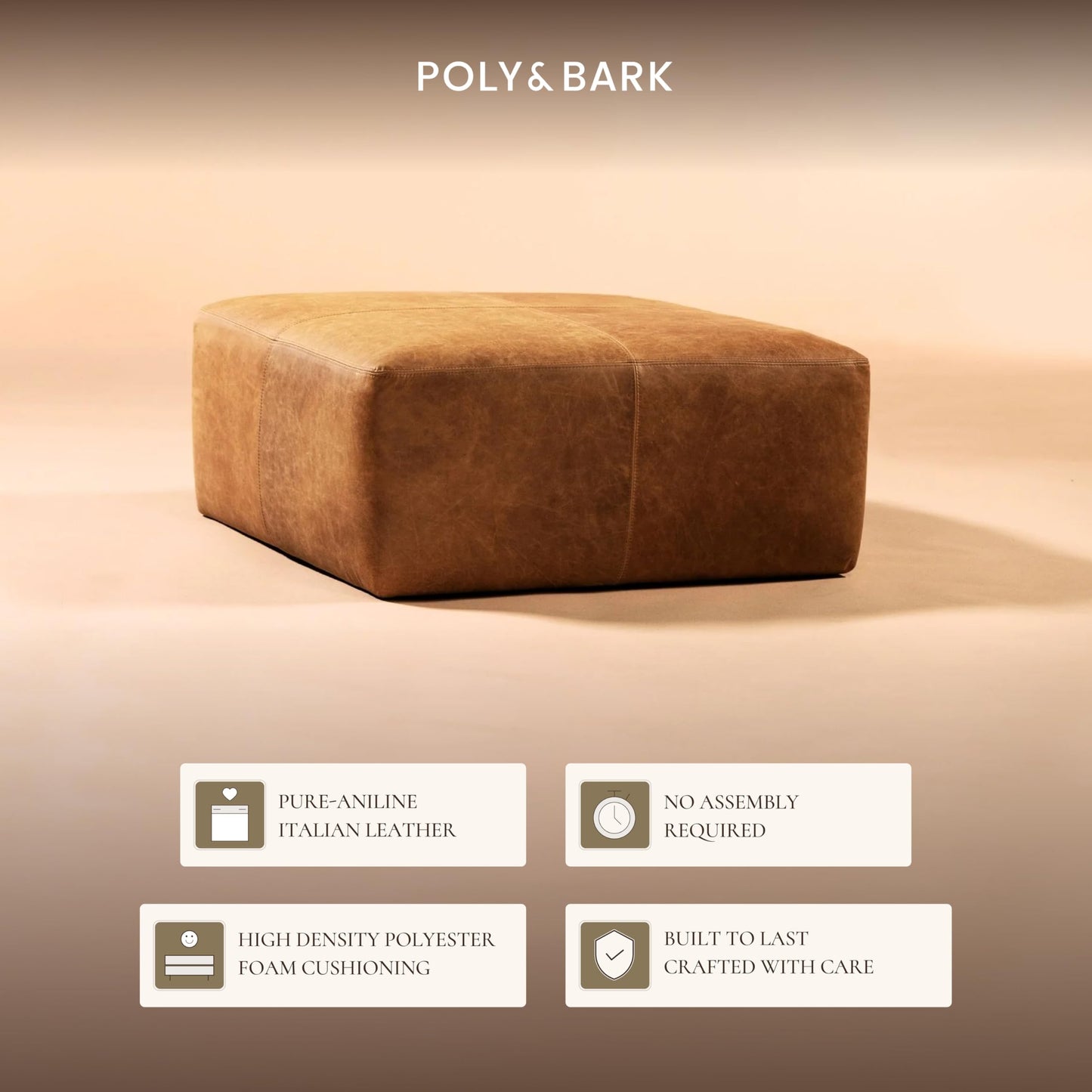 POLY & BARK Denver Ottoman – 43" Large Pouf with Feather-Down Topper – Full-Grain Leather Upholstered Pouf Ottoman for Living Room – Vintage Italian Leather in Cognac Tan