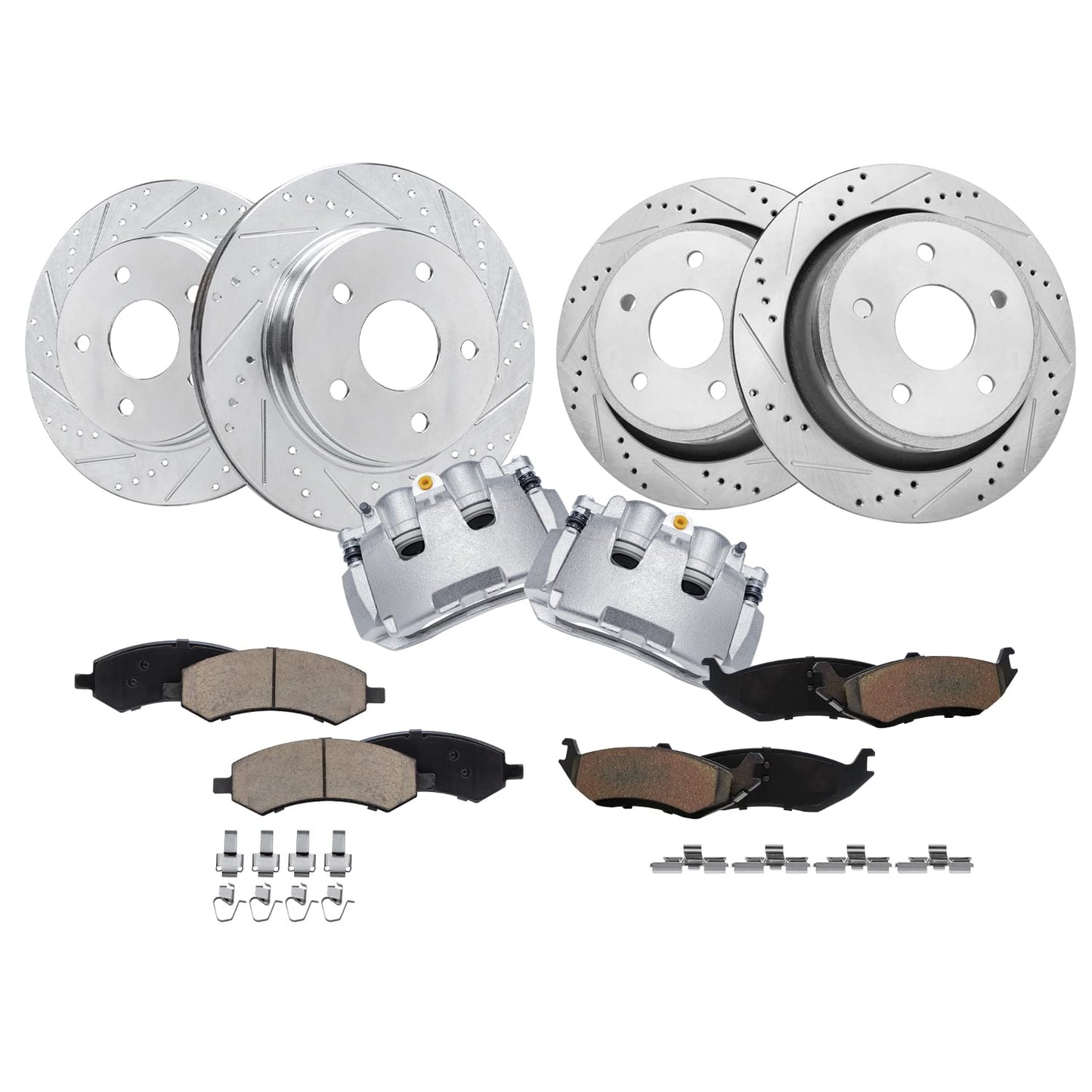 Detroit Axle - Brake Kit for Chevy GMC Silverado Sierra 1500 Tahoe Yukon XL Suburban Escalade ESV Drilled Disc Rotors Ceramic Brakes Pads Replacement : 12.99" Front & 13.58" Rear Rotor