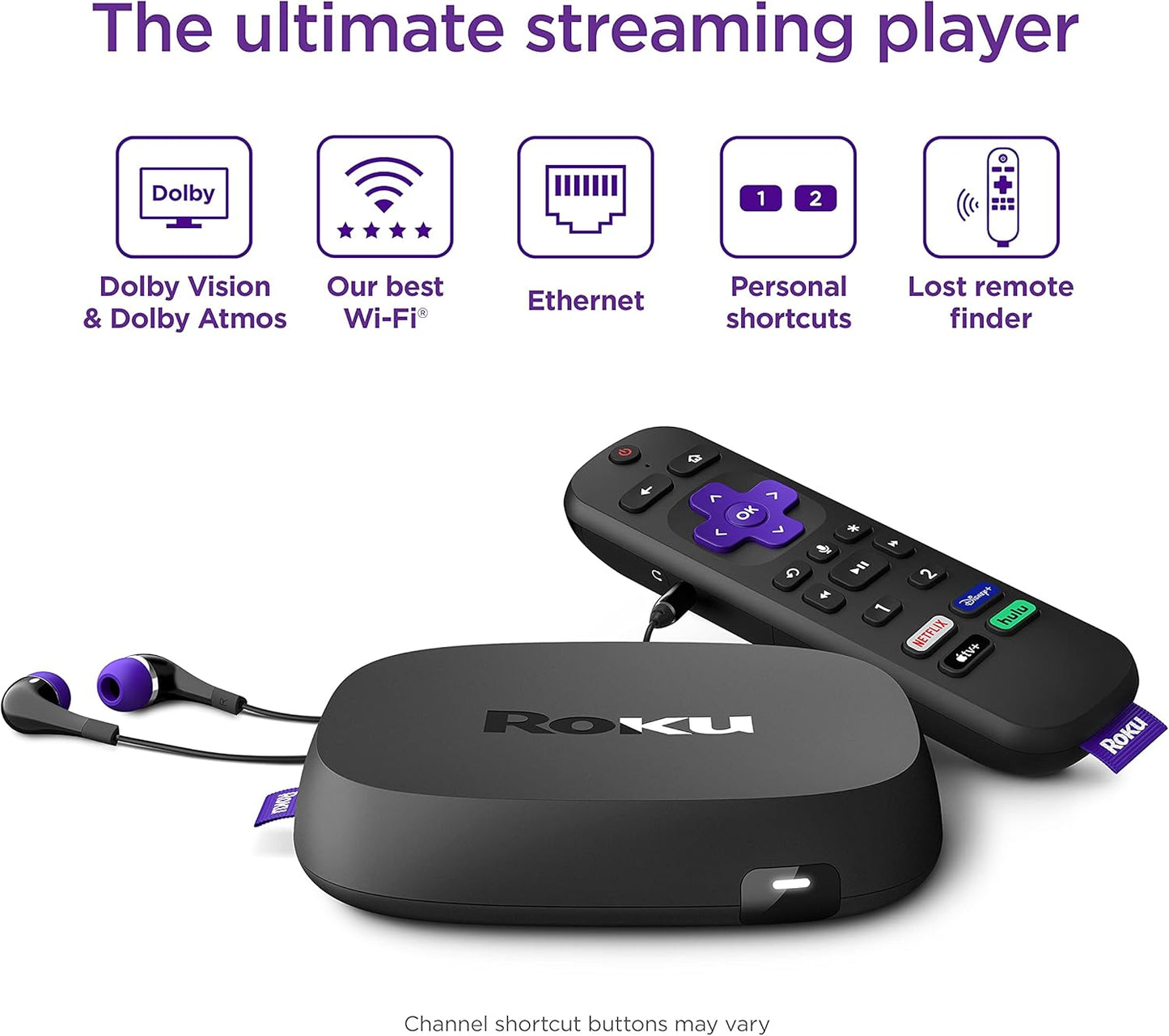 Roku Ultra | Streaming Device HD/4K/HDR/Dolby Vision with Dolby Atmos, Bluetooth Streaming, and Roku Voice Remote with Headphone Jack and Personal Shortcuts, includes Premium HDMI® Cable