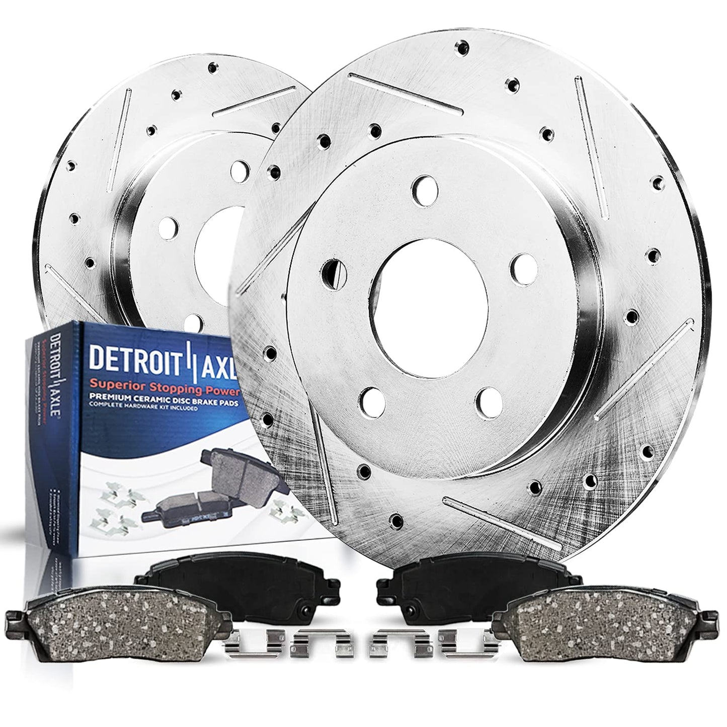 Detroit Axle - Front Brake Kit for 2006-2018 Dodge Ram 1500, 07-09 Durango Chrysler Aspen, 2019-2024 Ram 1500 Classic, Drilled and Slotted Disc Brake Rotors Ceramic Brakes Pads Replacement