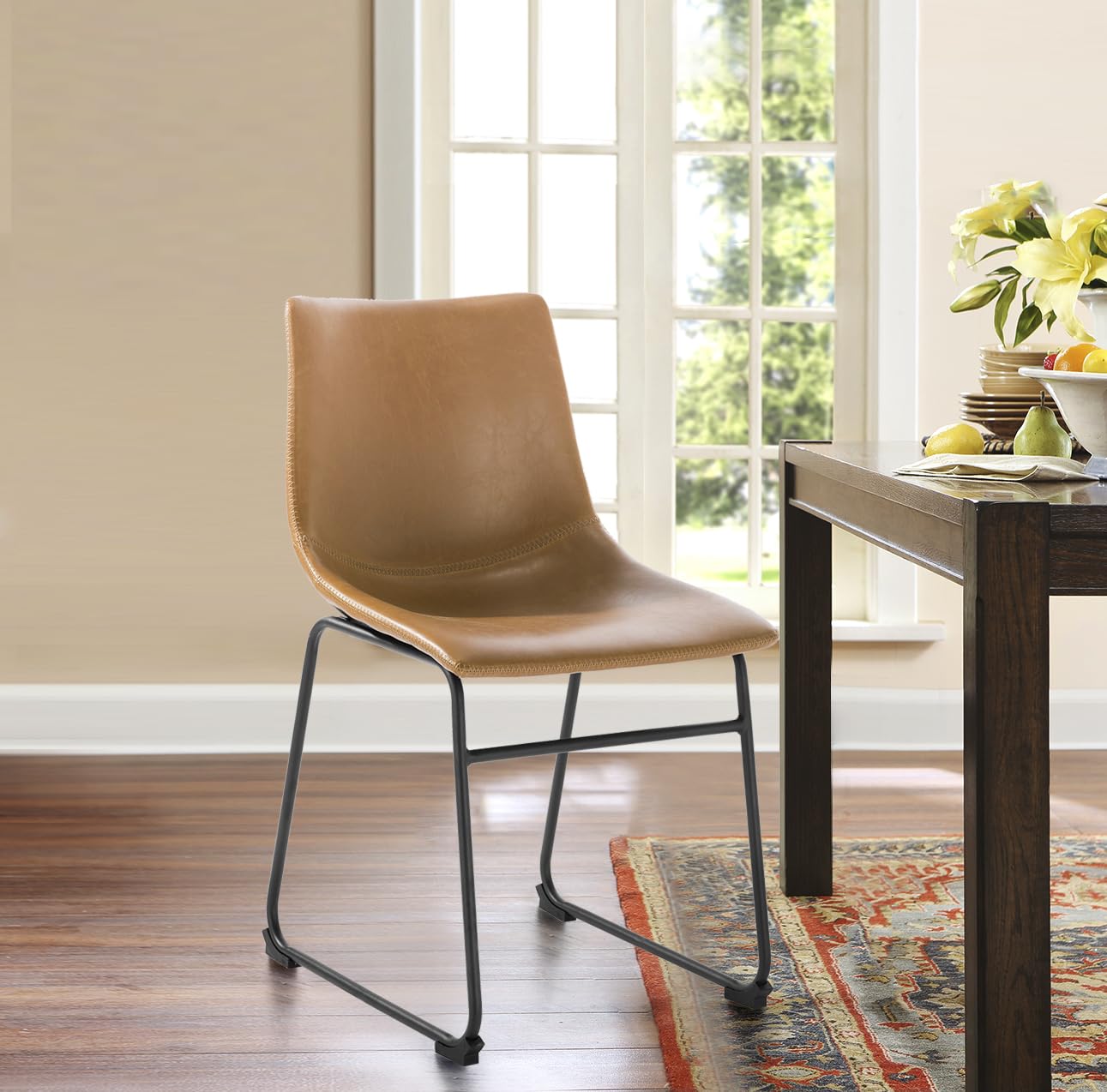POLY & BARK Brinley Counter Stool Set of 3, Modern Armless Counter-Height Stools with Gently Curved Backrest and Wood Legs, Tan Faux Leather, for Kitchen Island or Breakfast Bar, 24" seat height