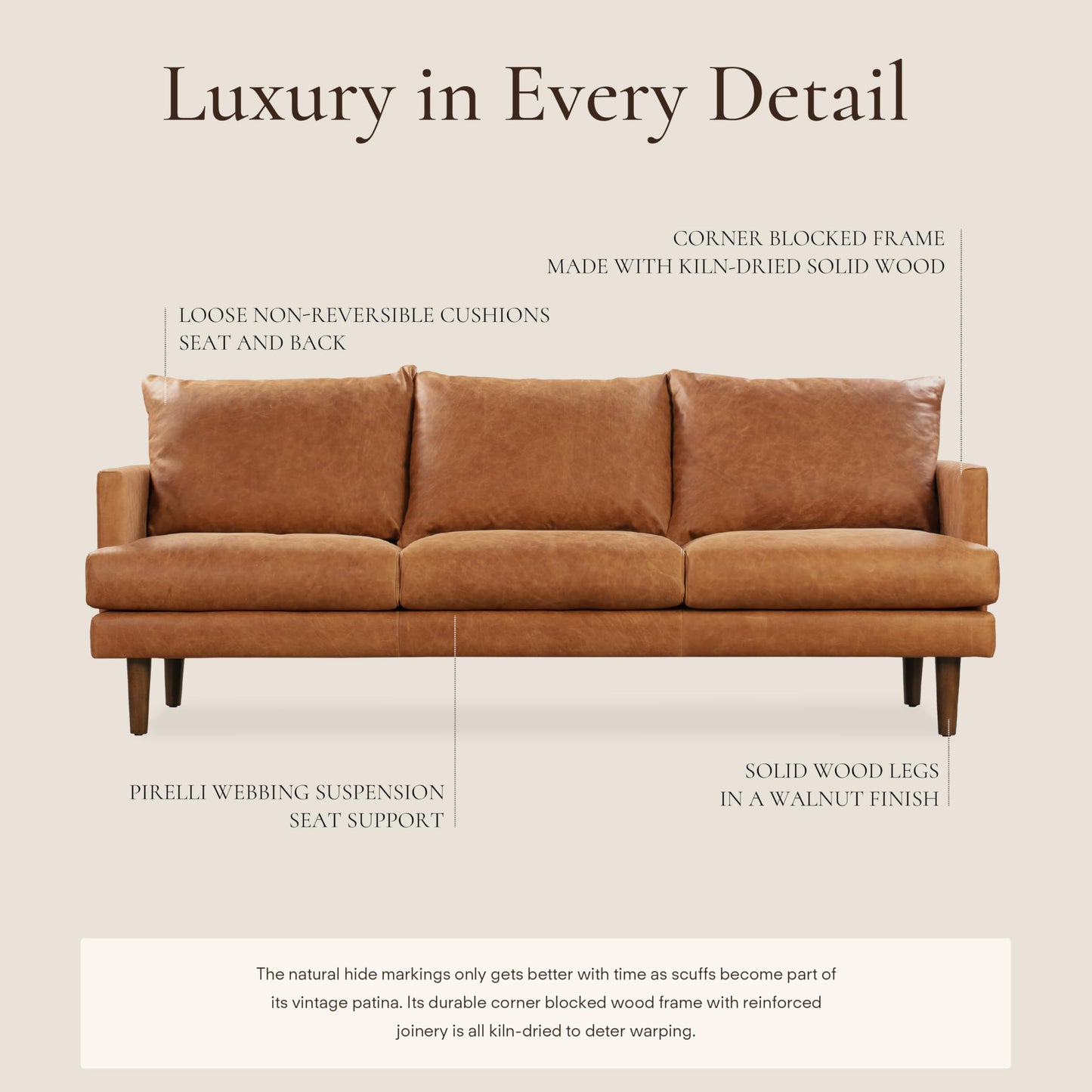 POLY & BARK Sorrento 86" Sofa – Cognac Tan Full-Grain Pure-Aniline Italian Leather, Feather-Down Cushions, Solid Wood Frame & Walnut Legs