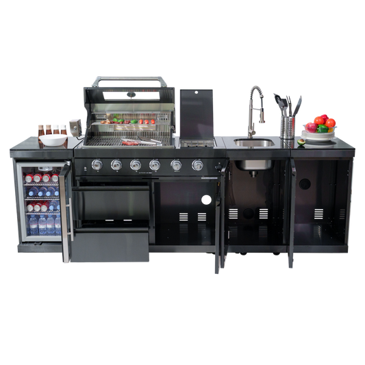 NG 104" 4-Burner 72,000 BTU Black Outdoor Kitchen Island Grill + Rotisserie Kit