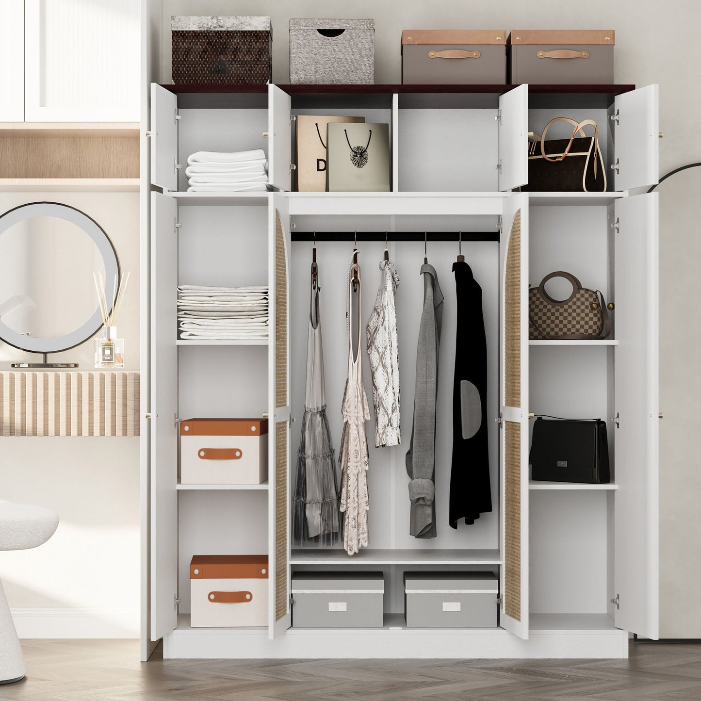 8 Door Armoire Wardrobe With Adjustable Shelves And Hanging Rod