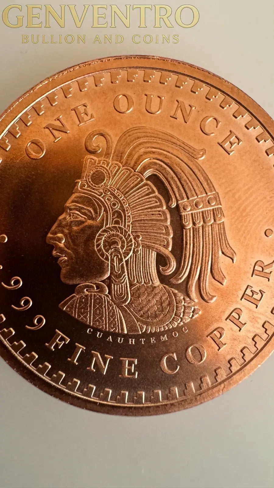 1 AVDP oz copper coin Aztec Mayan Calendar Cuauhtemoc