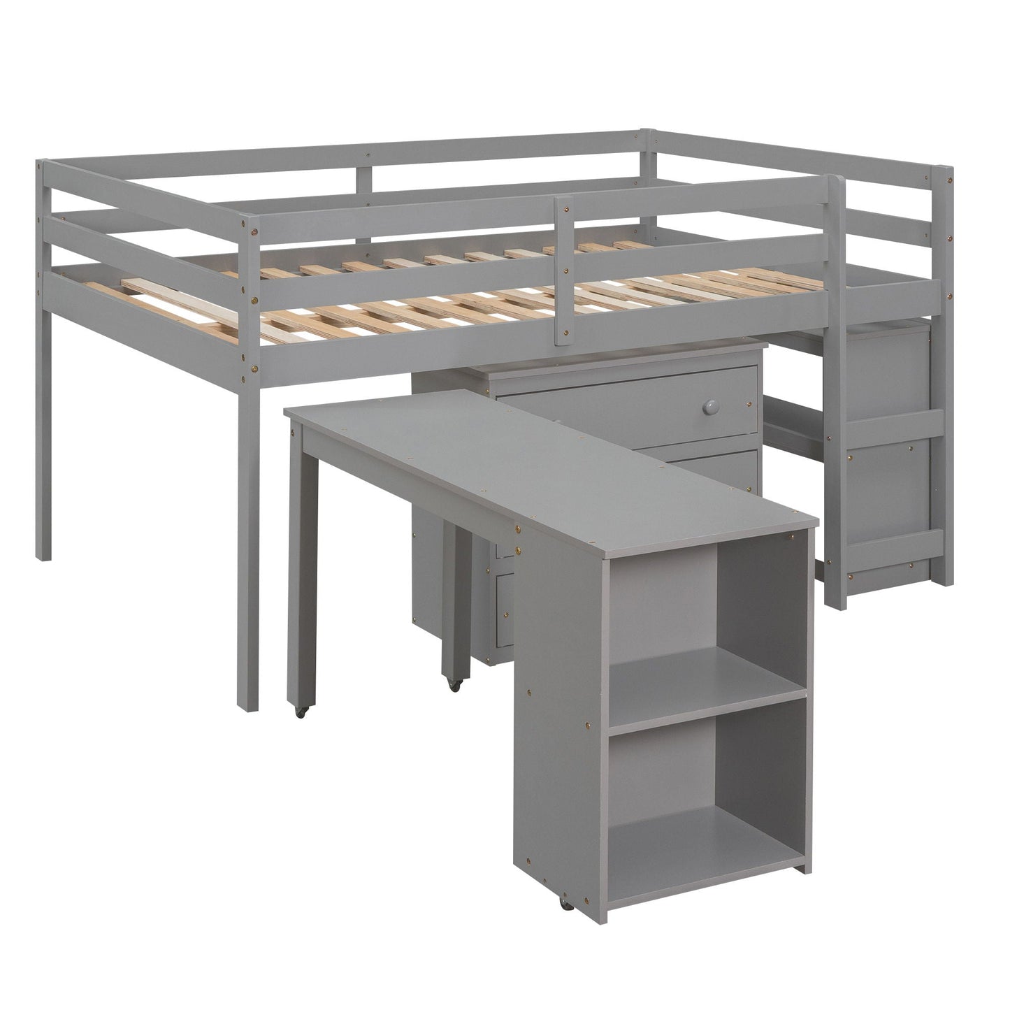 Loft Low Study Bed With Cabinet, Shelves And Rolling Portable Desk, Multiple Functions