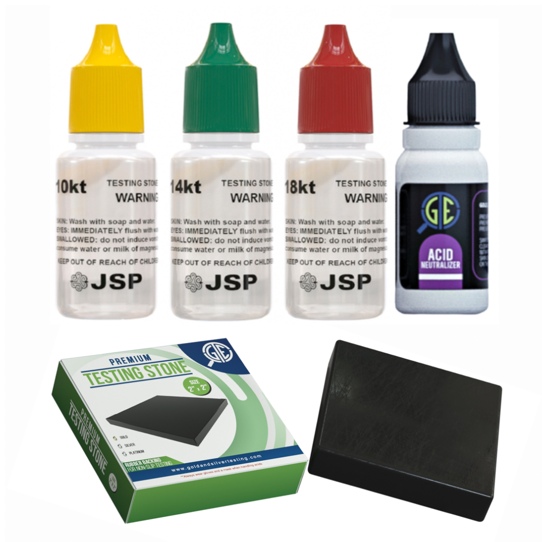 Gold Testing Kit 10K, 14K, 18K Acids, Test Needles & Stone