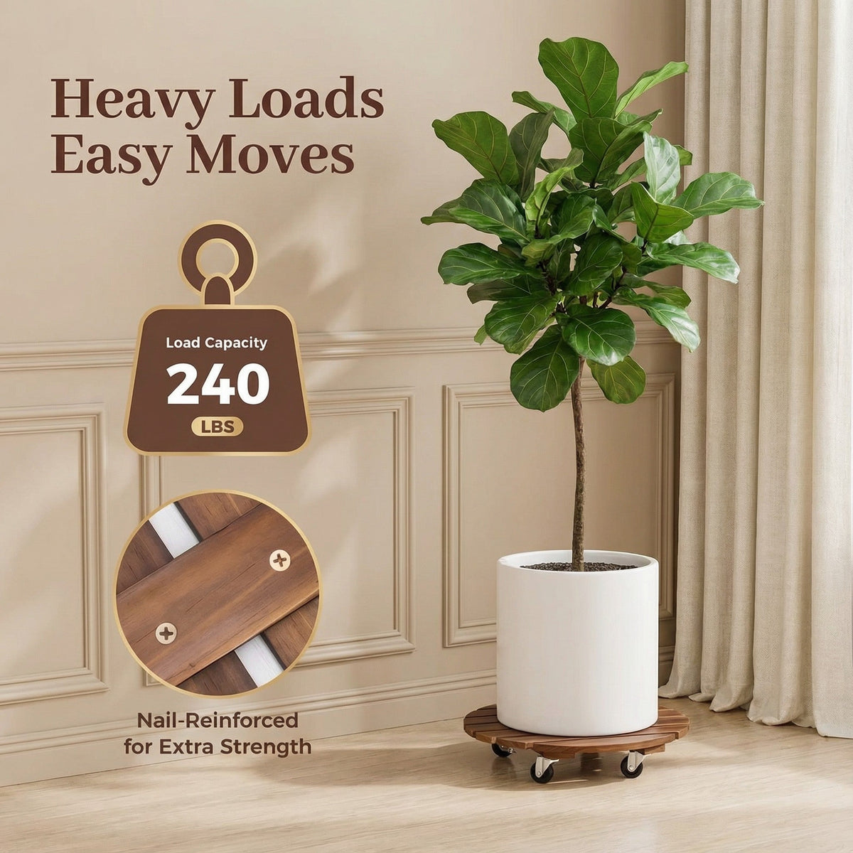 Rolling Wood Caddy with Lockable Wheels – 2 Pack Heavy Duty Pot Stand