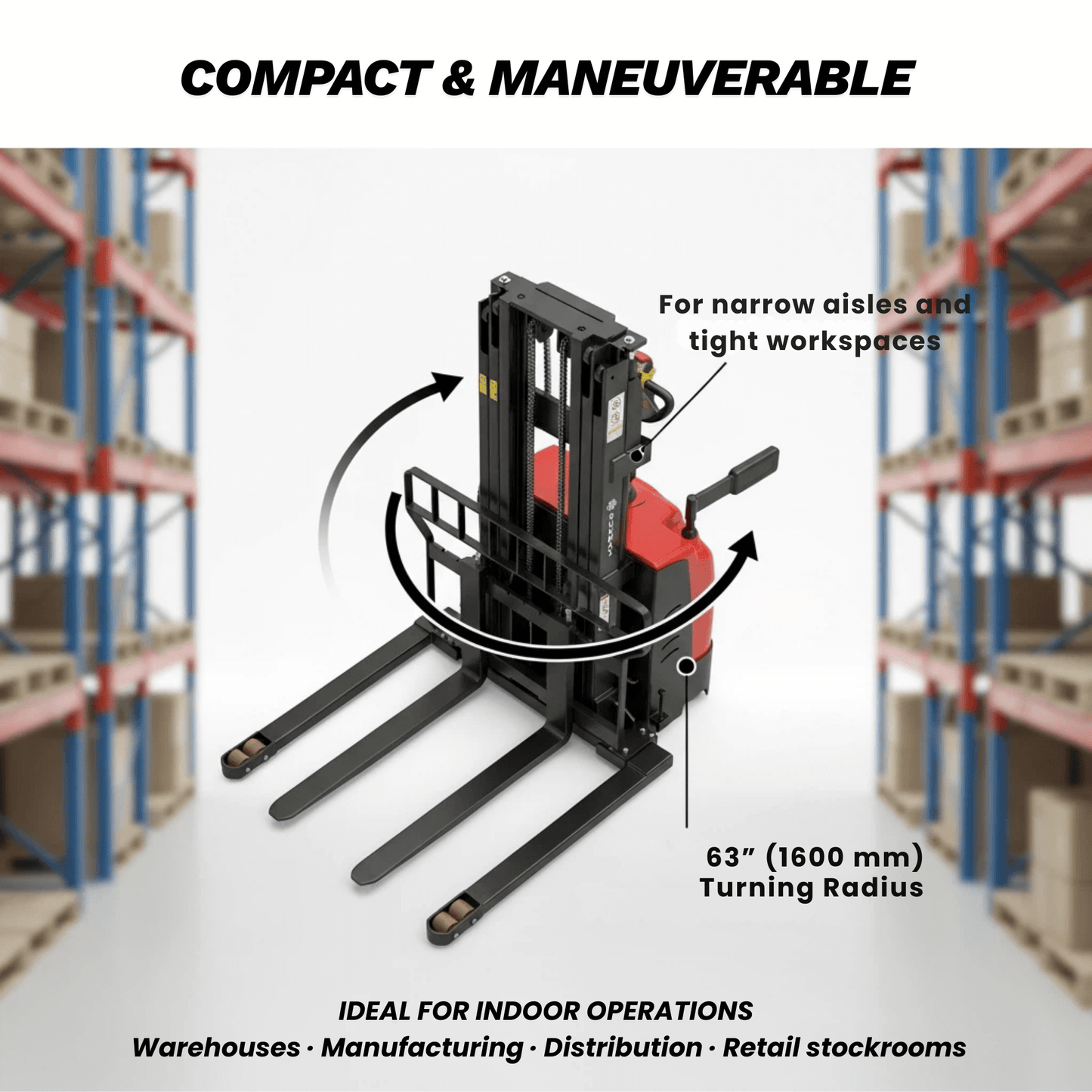 PS3300FEAS-3M Full-Electric Straddle Pallet Stacker – 3,300 lb Capacity, 118" Lift, Adjustable Legs